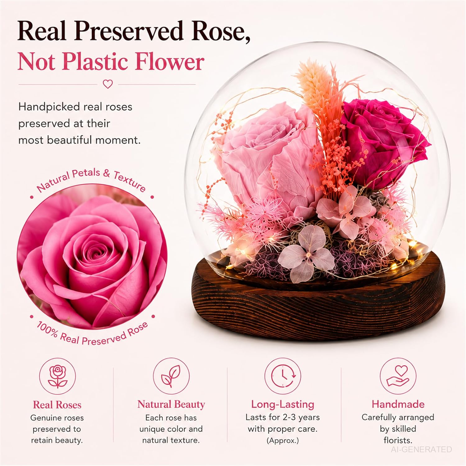 Preserved Flowers Roses in Glass Dome | Preserved roses bouquet with eternal flowers for mom. Perfect everlasting flowers that last forever home decor gift for her