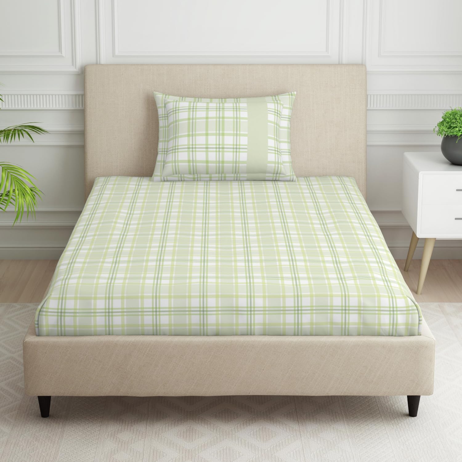 SPACES 100% Cotton Single Bedsheet with 2 Pillow Covers (Size 60 x 88 inch) | 144 TC Bed Sheet for Single Bed | Breathable Pure Cotton Small Size Bedsheet | Checks | Geometric Light Green (B0D2D5H1DQ) Amazon Price History, Amazon Price Tracker