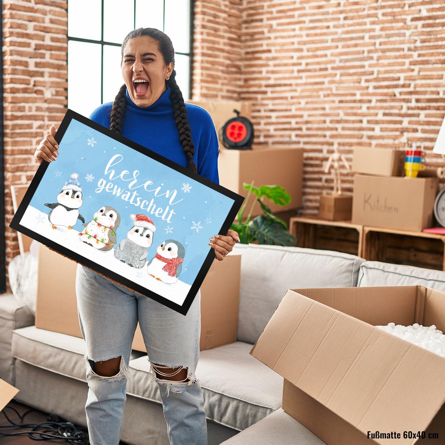 speecheese Pinguin Familie Fußmatte XXL in 50x75 cm mit Spruch Hereingewatschelt eine weihnachtlicher Türvorleger Motiv für Frauen winterliche Fußabtreter