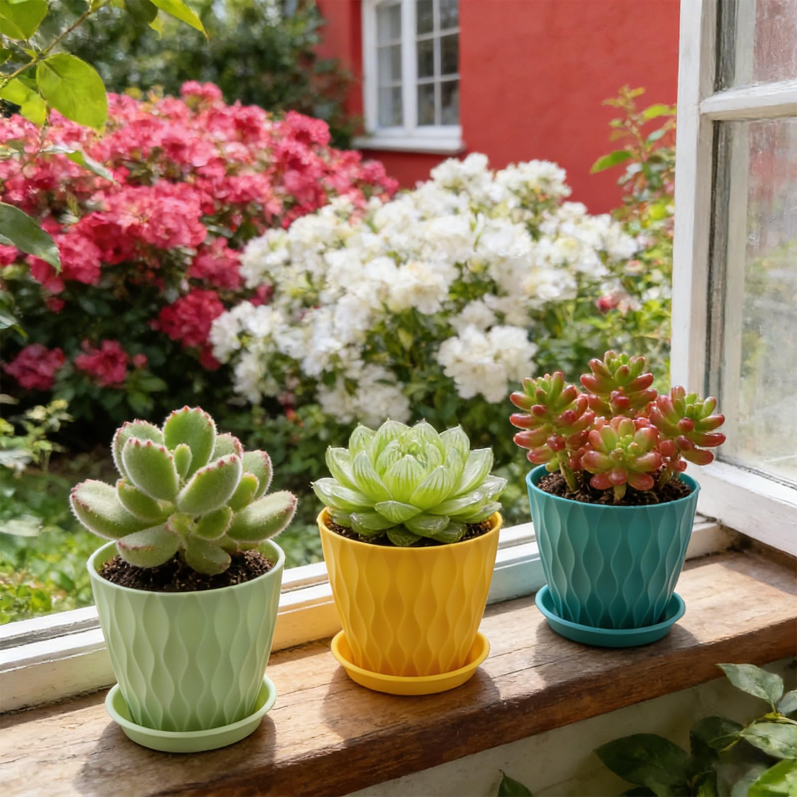10cm/4-in Plant Pots Indoor 6 Pack Plastic Flower Pots with Drainage Holes and Saucers Modern Decorative Planters Succulent Indoor Outdoor Plants(6 Colours) - 4