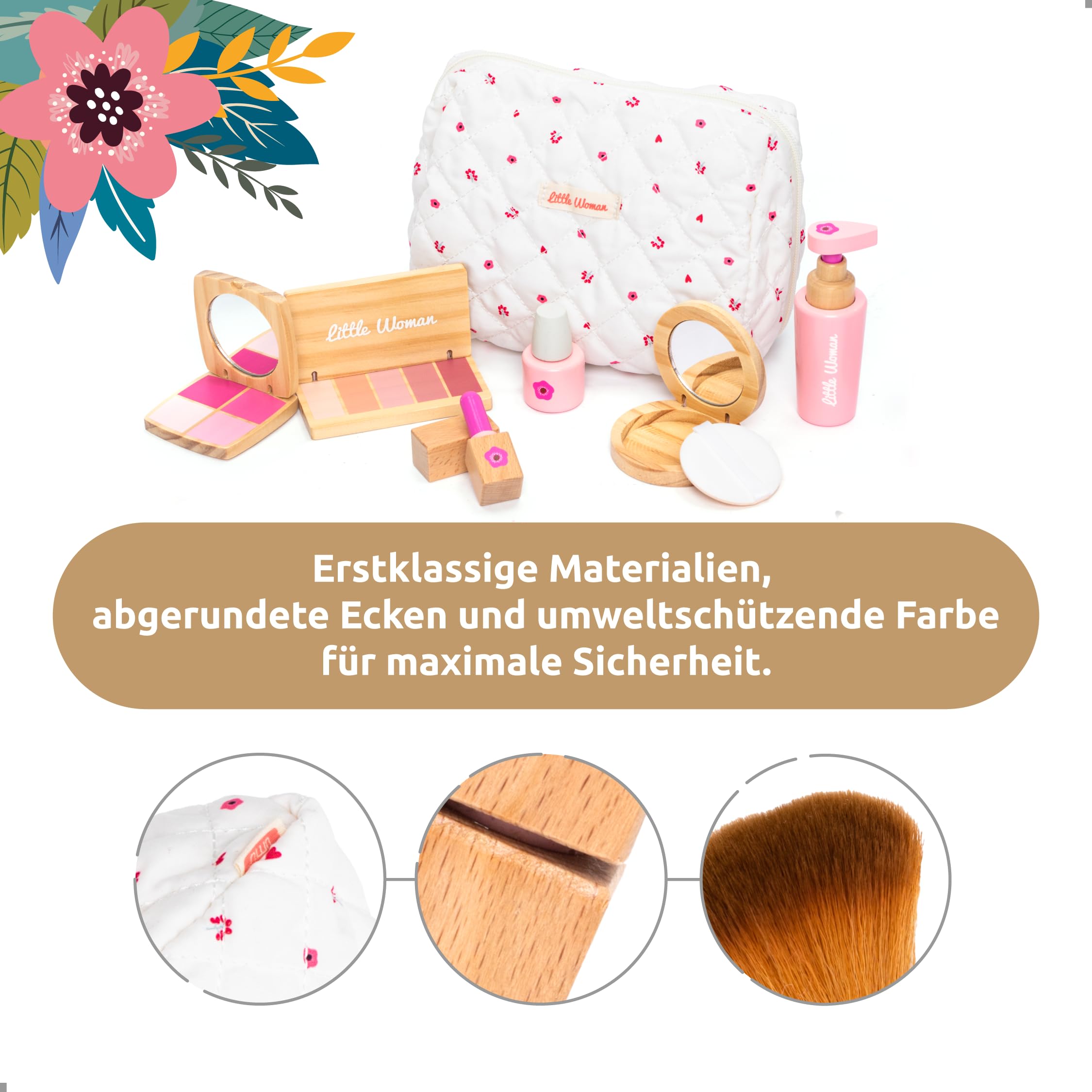 UMU® Kinder Schminkset aus Holz – Kosmetik & Make-up Set mit Schminke, Lippenstift, Parfüm, Puder & Kosmetiktasche – Kinderschminke Spielzeug für Mädchen ab 3 4 5 6 Jahre
