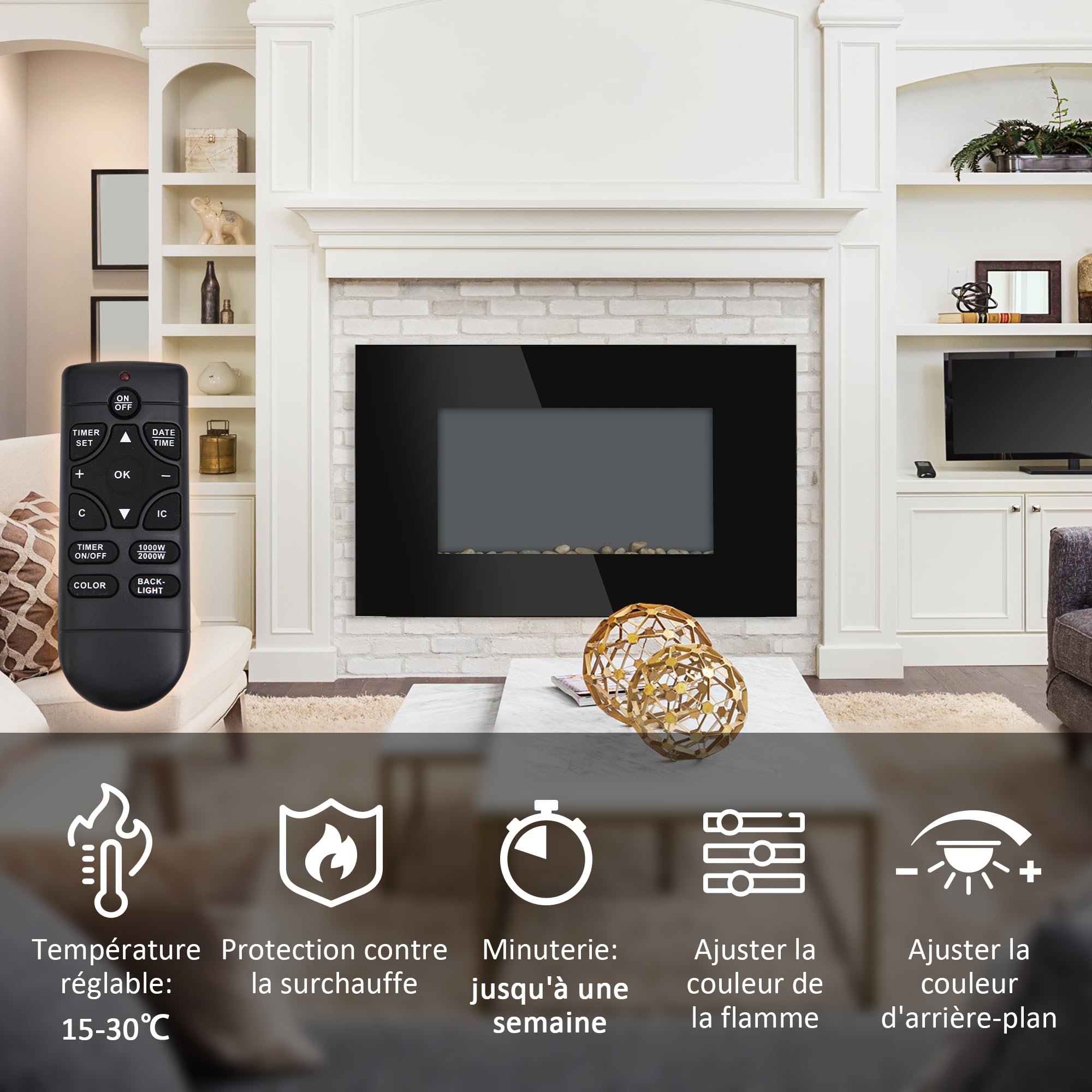 HOMCOM Cheminée électrique Murale LED 7 Effets Flammes + 7 Couleurs Ambiance + Galets télécommande Thermostat 1000-2000 W minuterie Noir