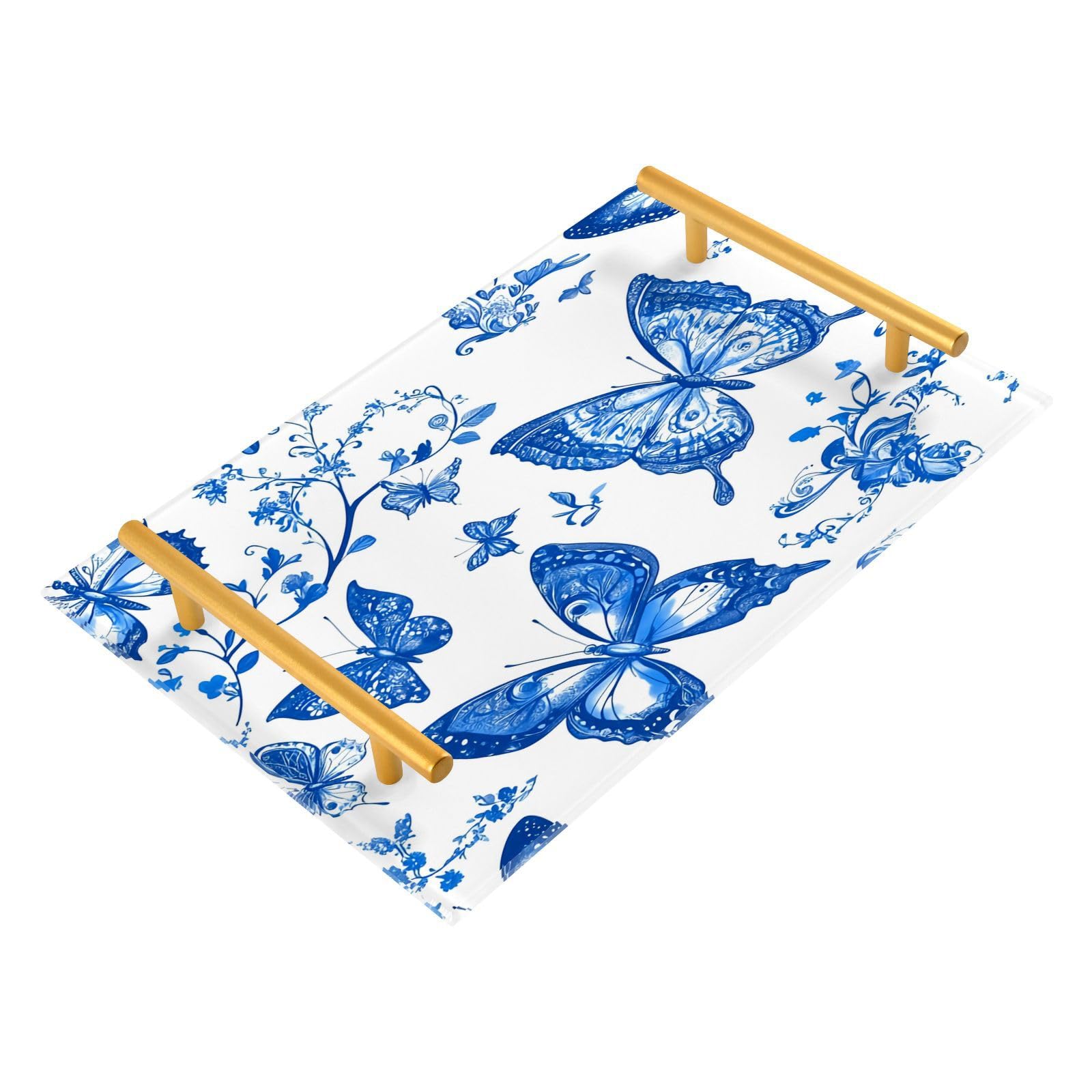 GUIJI Pretty Butterfly Acrylic Tray, Perfume Cosmetic Jewelry Decorative Trays Bathtub Organizer, Living Room Kitchen Serving Tray with Gold Handles