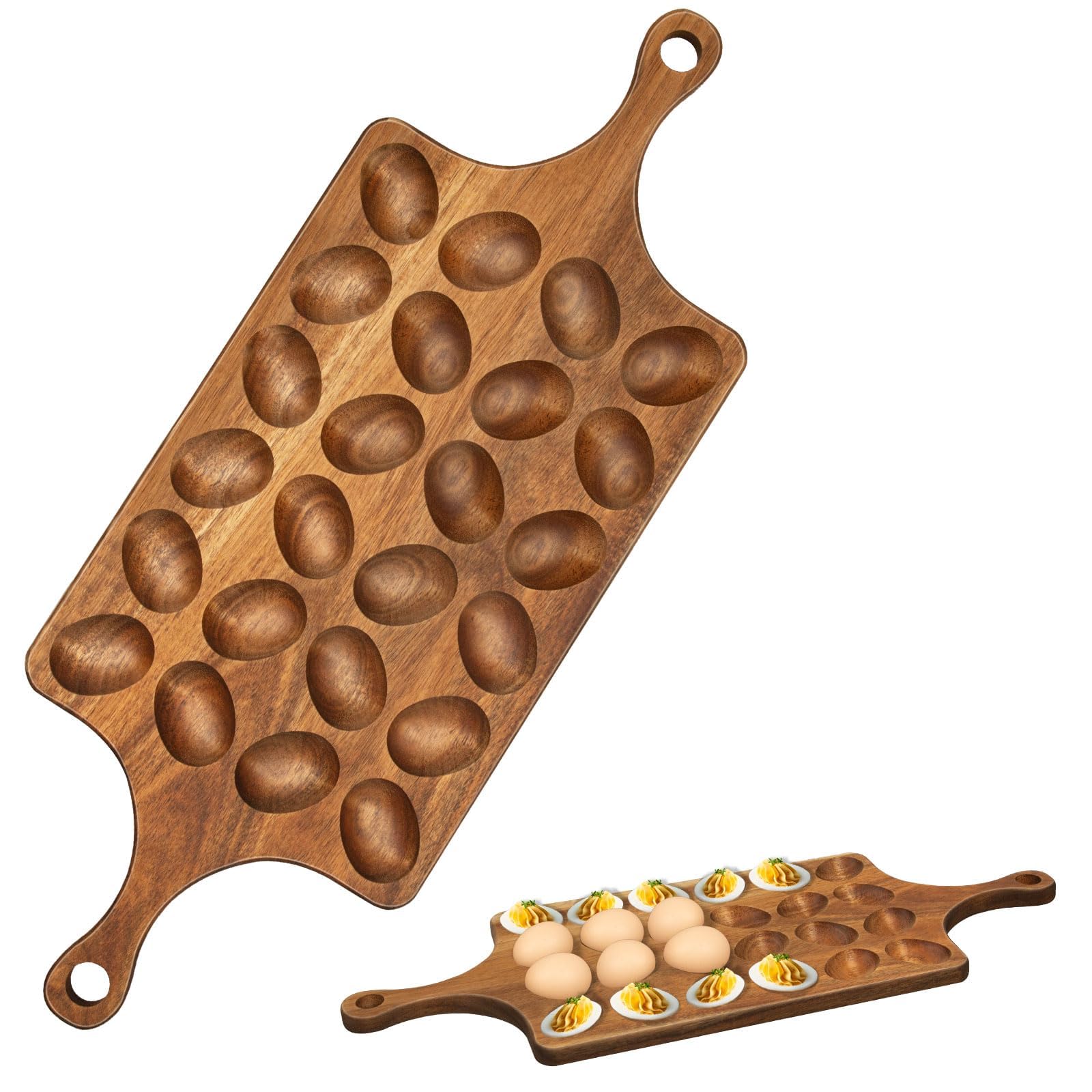 Acacia Wood Deviled Egg Platter with Handles 24 Holes Rectangle Deviled Egg Serving Tray Reversible Charcuterie Board Serving Platter Easter Chrismas Thanksgiving Holiday Gatherings