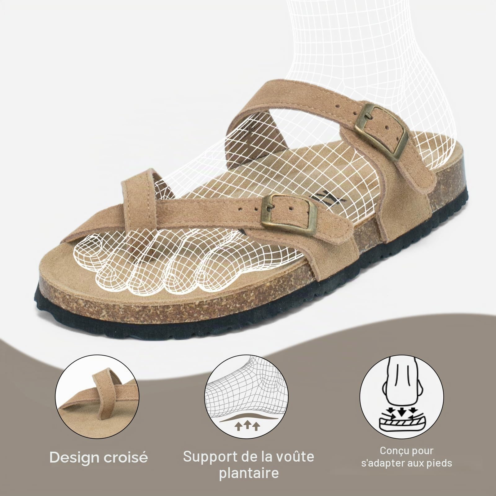 XIXITIAO Sandales en daim pour femme avec soutien de la voûte plantaire, mules avec semelle en liège et mousse à mémoire de forme, claquettes plates avec sangles croisées et boucle réglable.