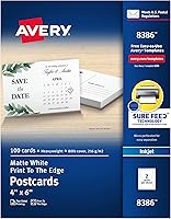 Avery 8386 Printable Postcards 4x6 Matte White 100 Pack for Inkjet Printers - Sure Feed Tech, USPS Compliant