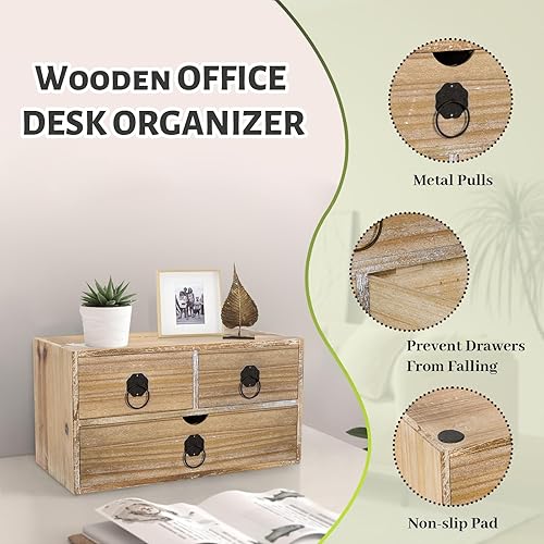 Miniatura 4 de Organizador de escritorio de madera blanca lavada, mini organizador de escritorio con cajones, organización de almacenamiento de mesa para