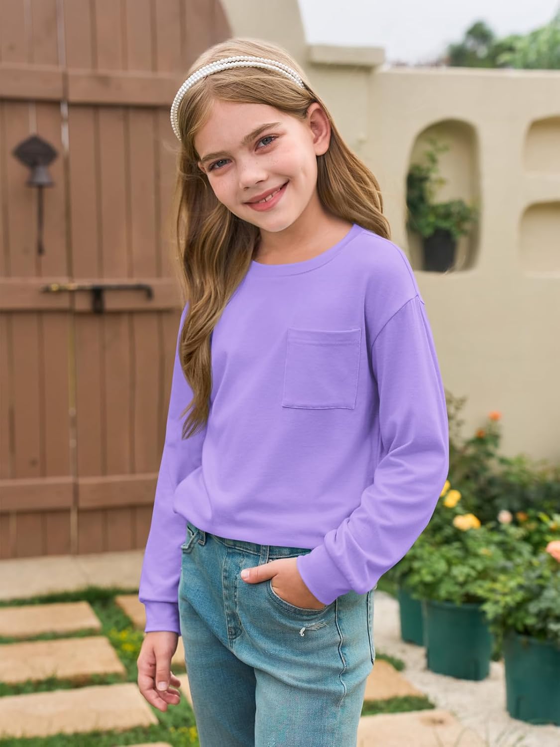 Haloumoning Girls Long Sleeve Shirts Kids Crewneck Soft Tunic Tops Basic Casual T-Shirts 5-14 Years with Pocket - Image 4