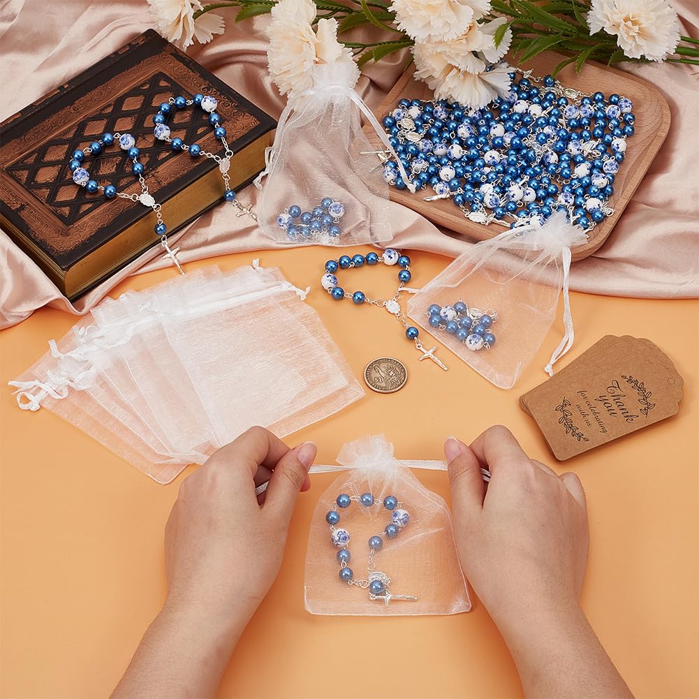 Ensemble de 50 pièce pour Cadeaux de Baptême Mini Chapelets de Baptême Perles de Chapelet pour les Doigts avec 50 sachet Cadeau en Organza et une Carte de Remerciement en Papier(Bleu)