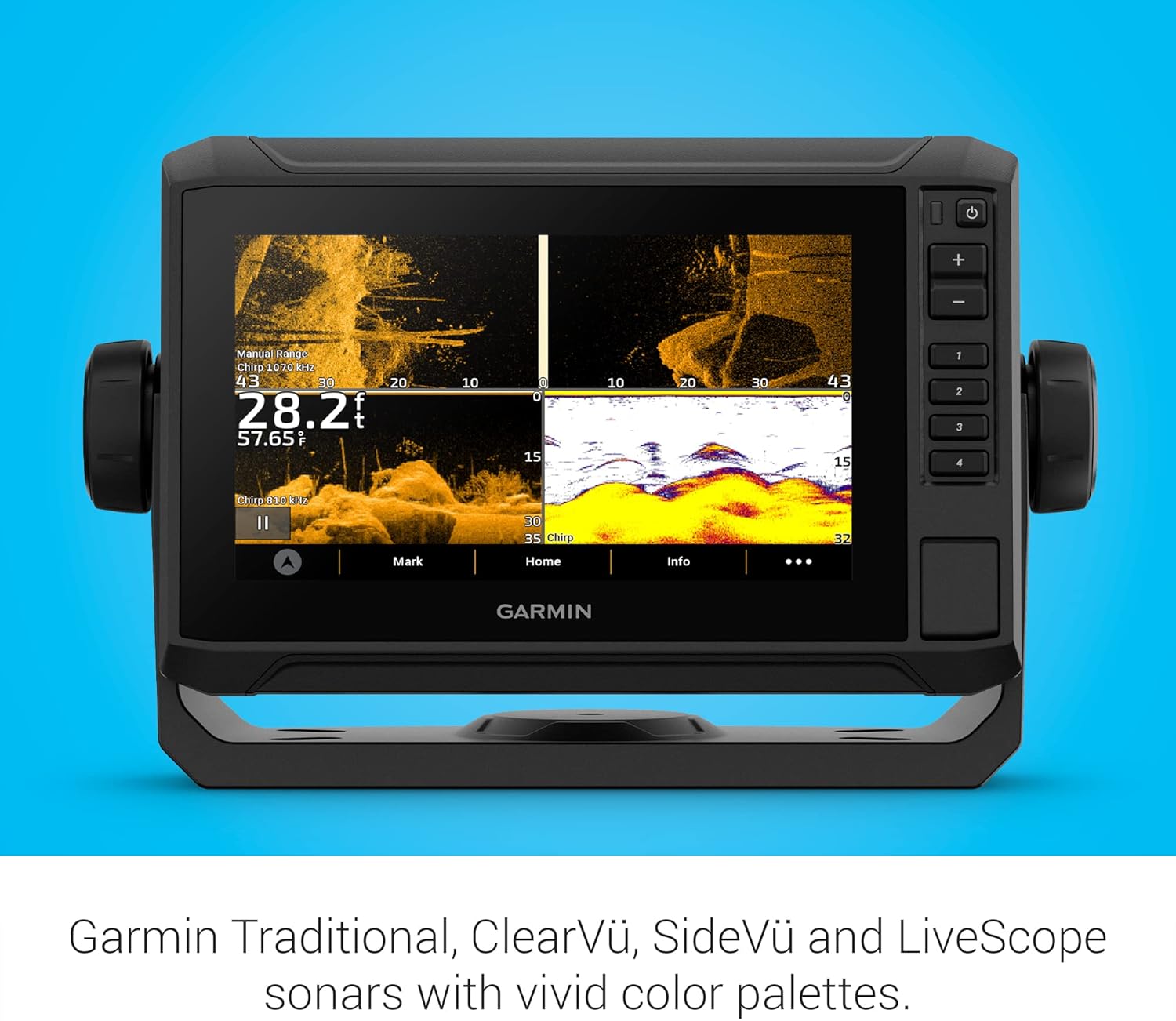 Garmin ECHOMAP UHD2 72sv displaying ClearVü and SideVü sonar views