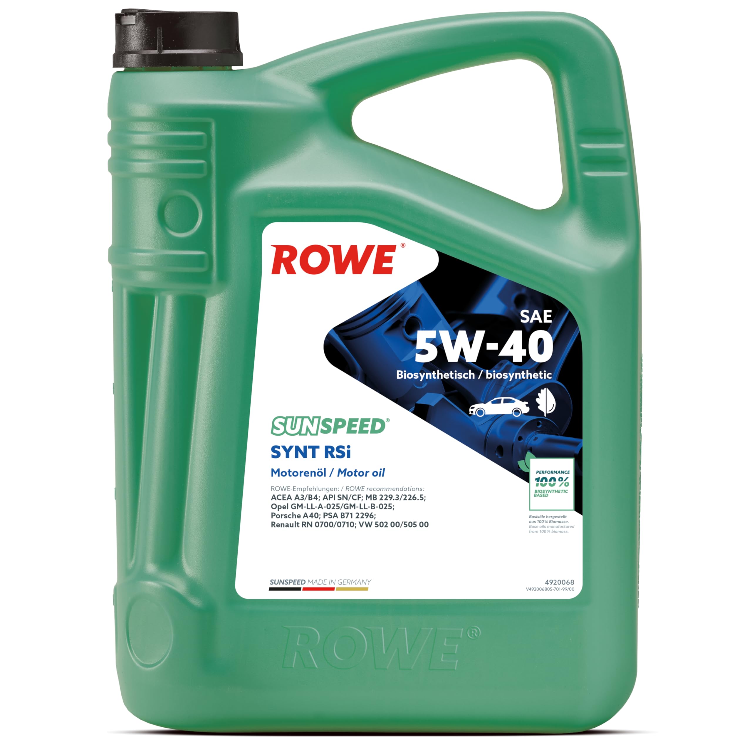 ROWE SUNSPEED SYNT RSi SAE 5W-40, 5 Liter, Mehrbereichs-Motorenöl | Mehrbereichs-Motoröl biosynthetisch für Pkw-Otto- und Dieselmotoren, Art. Nr. 4920068