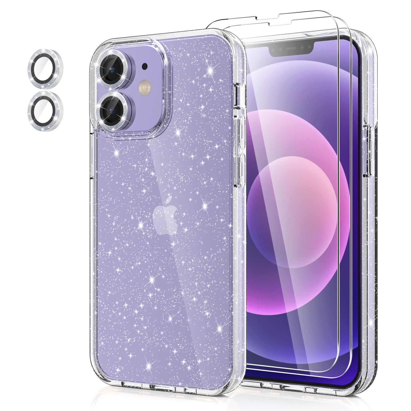 Design for iPhone 12 Case Glitter, with [2 Pack] Screen Protector & [2 Pack] Camera Lens Protector Sparkle Cute Girly PC Hard Soft TPU Silicone Bumper Women Phone Cases for iPhone 12 (Clear)