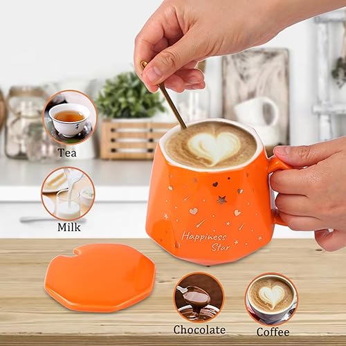 Miniatura 5 de Bonito juego de tazas de café, tazas de café de cerámica con tapas, cuchara dorada y caja de regalo, regalo para mujeres, hombres, amigos, hermanas.