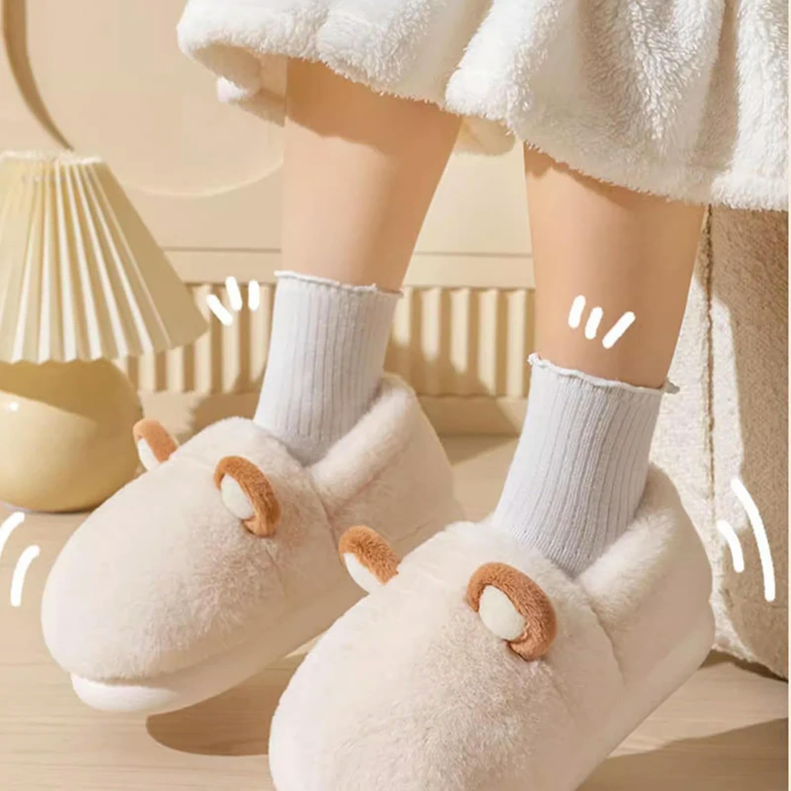 Pantofole Slifori di Cotone con Tacchi in Borsa per Uomini Inverno Casa Interno Spessa Scarpe da Risalita con Sola Slip, Lussuosa per Le Donne-beige-38-39