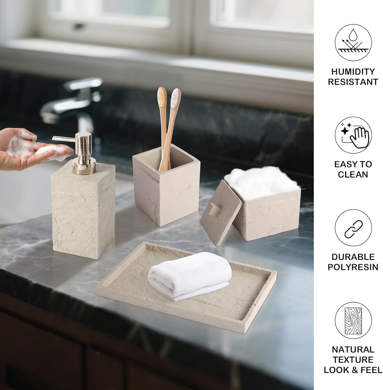 Faux Rock Pattern Bathroom Accessory Sets,4 Pieces Bathroom Accessories Complete Set - Lotion Dispenser,Tumbler,Q-tip Holder and Vanity Tray(Grey)