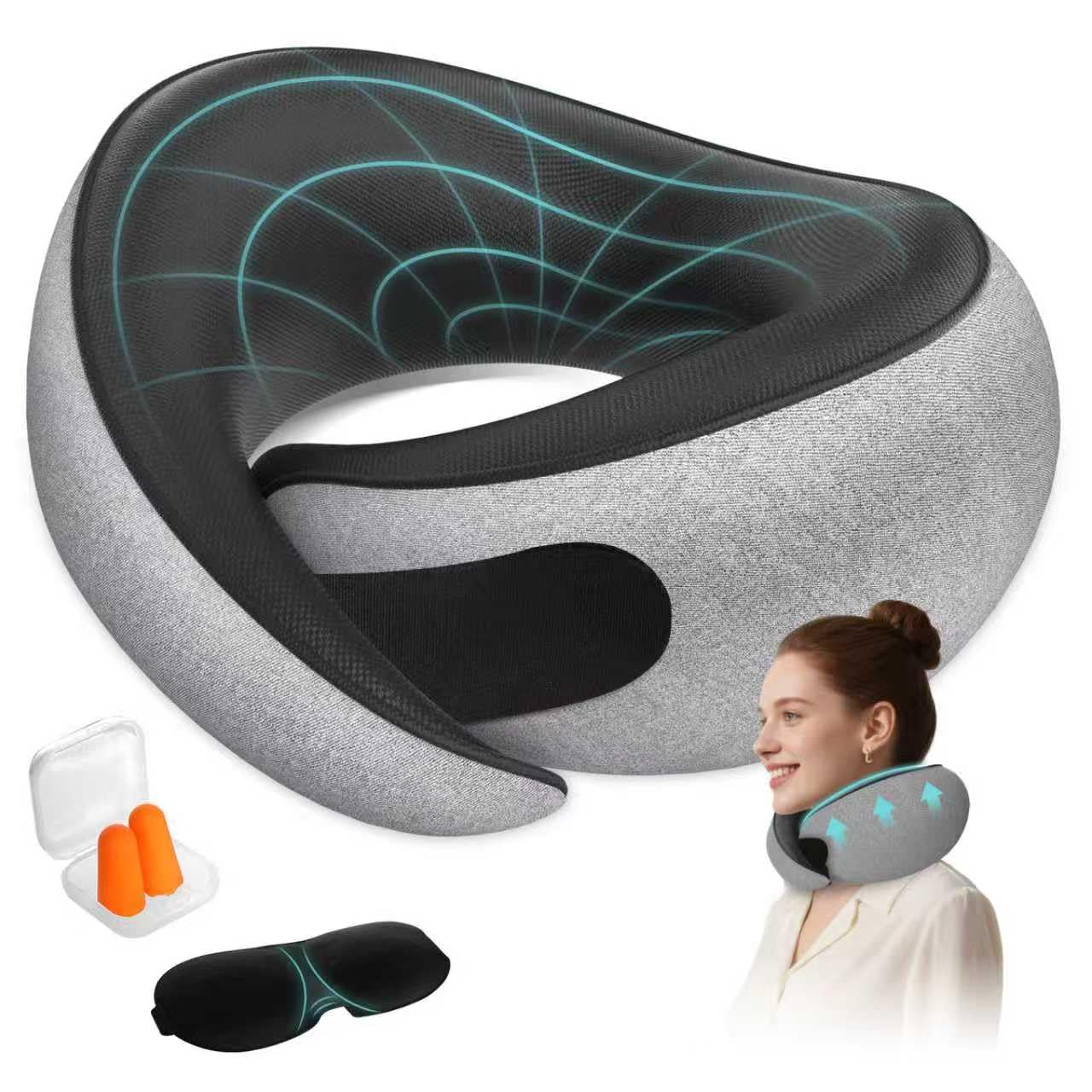 FIOGIKO Travel Neck Pillows for Airplanes - 360 Ergonomic Memory Foam Travel Pillow - Relief Neck Pain with