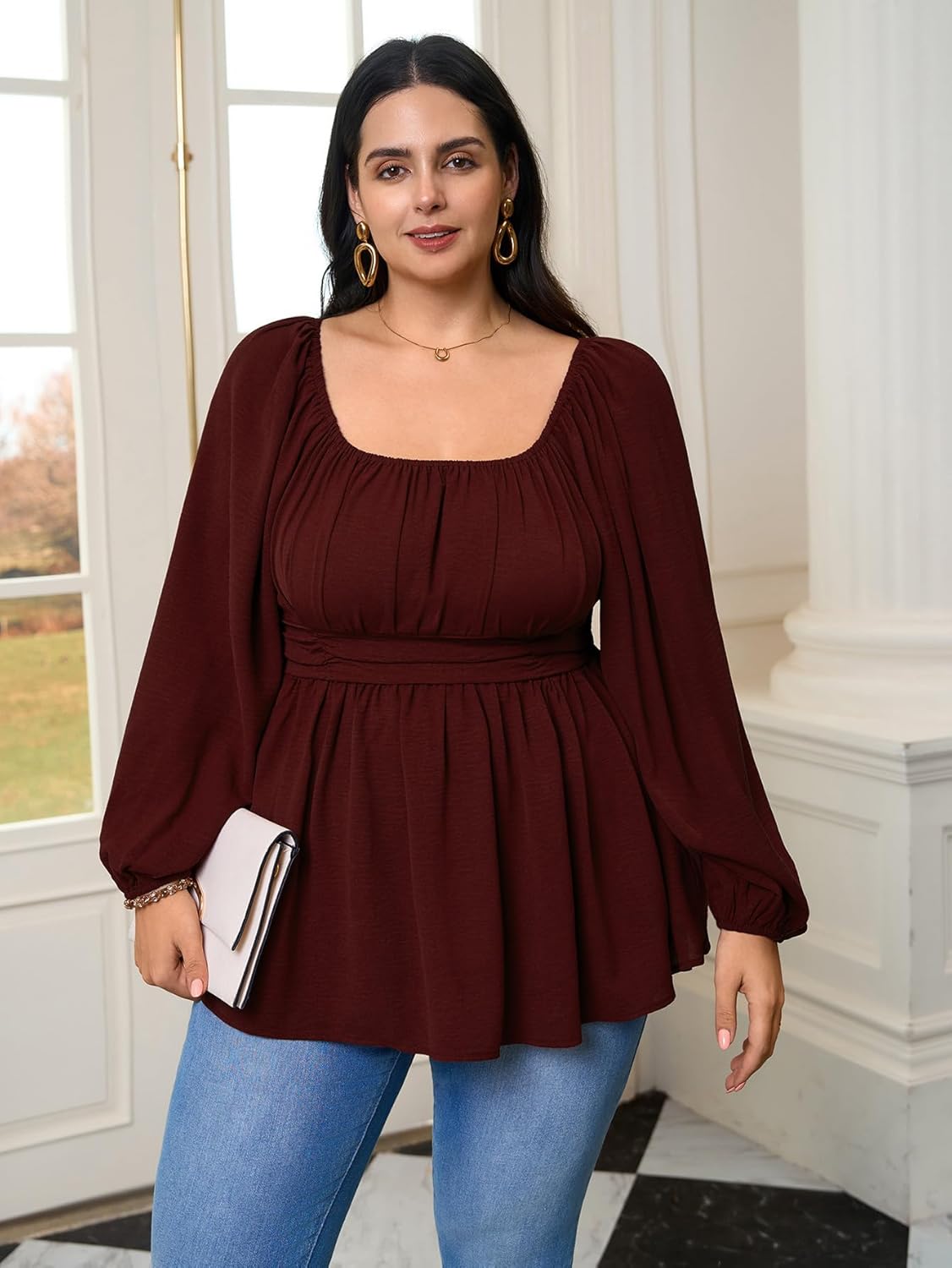 Women’s Plus Size Peplum Top Long Sleeve Square Neck Smocked Waist Babydoll Blouse Flowy Dressy Casual Fall Tops - Image 3