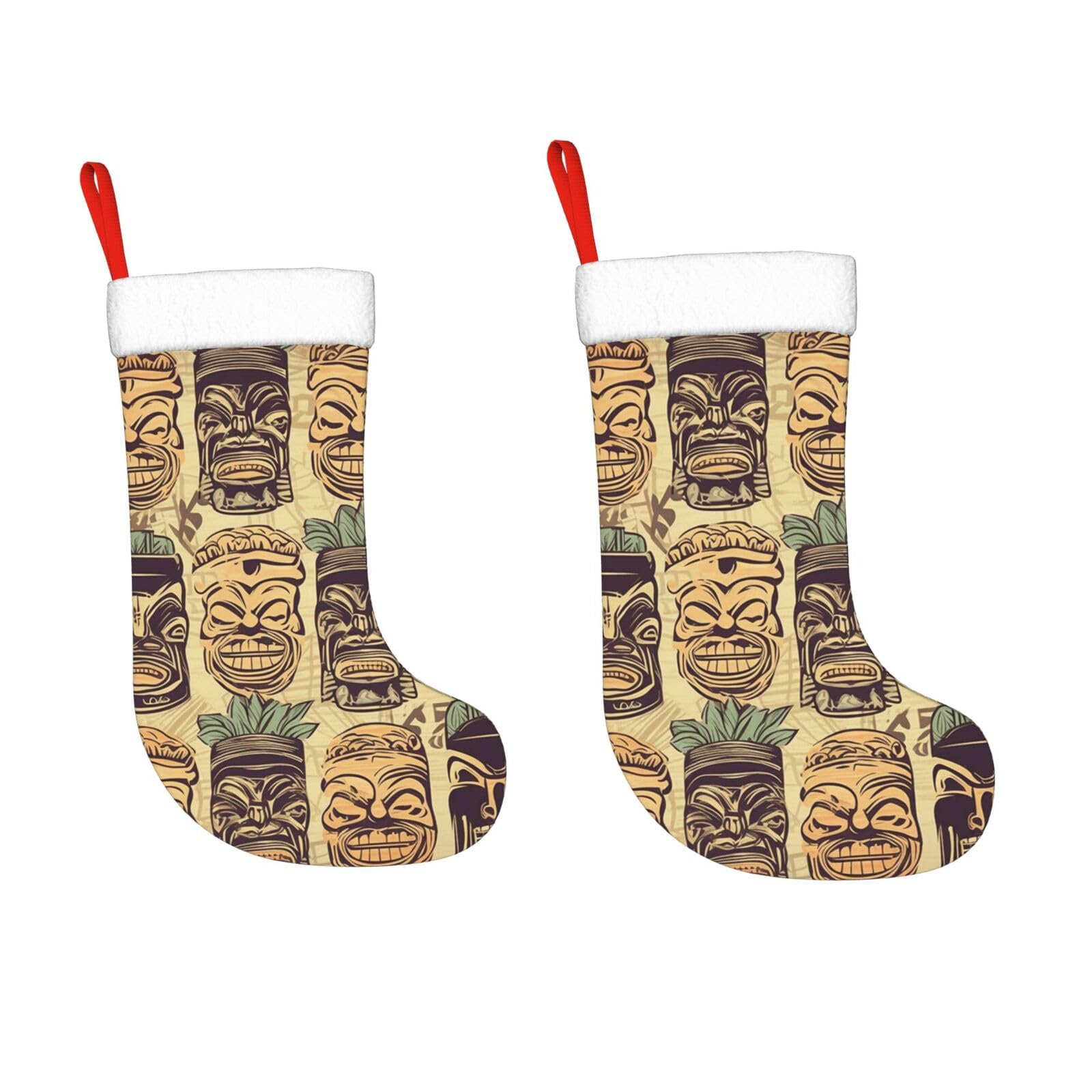 KLOPH 2 Pack 18 Inches Christmas Stockings Personalized Vintage Aloha Tiki Pattern Xmas Stocking Hanging Decoration Fireplace Stocking for Holiday Xmas Tree Christmas Fireplace Decor Gifts