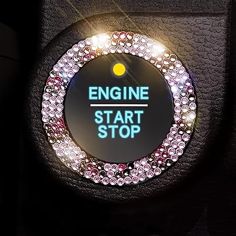 Crystal Bling Push Start Button Cover Accessories for Women - Emblem Sticker Car Key Ignition Starter & Knob Ring