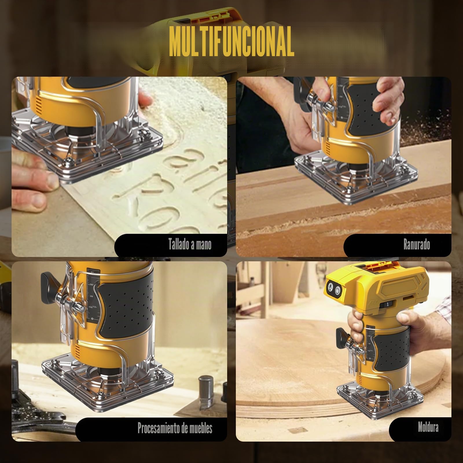 Fresadora Inalámbrica 5 Velocidades para Dewalt 20V (sin Batería) | 800W, Recortadora de Madera sin Escobillas, 10000–30000 rpm, Guía Recta, 15 Brocas, Router Manual