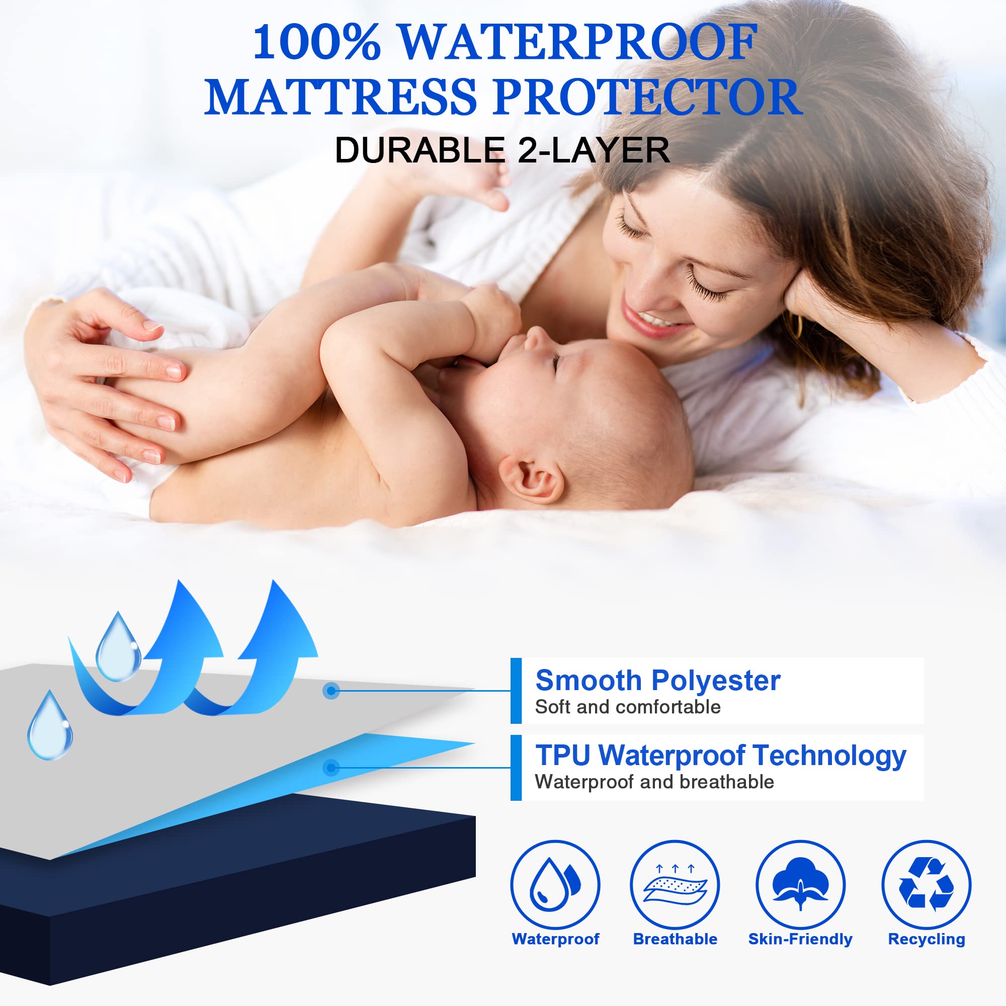 Waterproof Mattress Protector Emperor,200x200cm Mattress Cover for Bed,30cm Deep Pocket Fitted Sheet Style Mattress Protector with Elastic Rubber Band-Navy Blue - Image 2