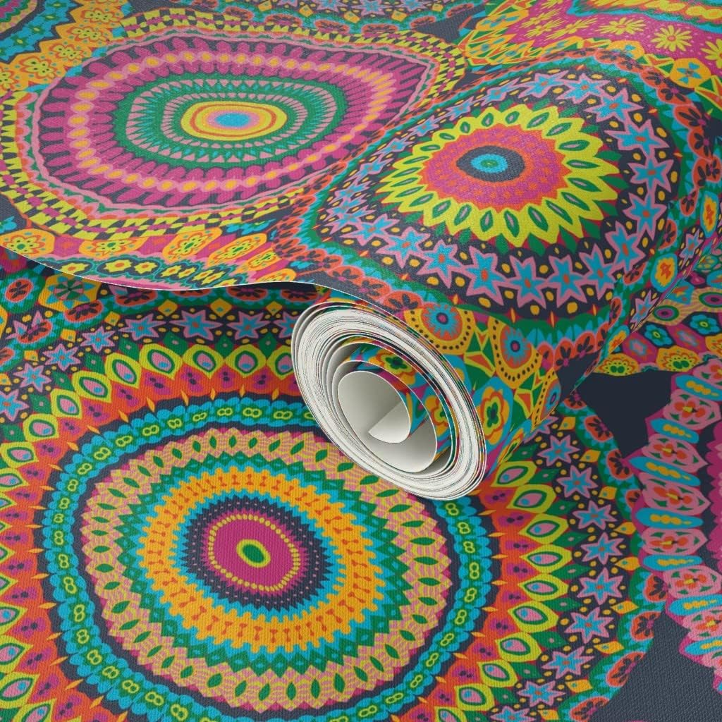Peel & Stick Wallpaper 3ft x 2ft - Grannys Patchwork Quilt Mandala Colorful Circle Retro Hippie Custom Removable Wallpaper by Spoonflower