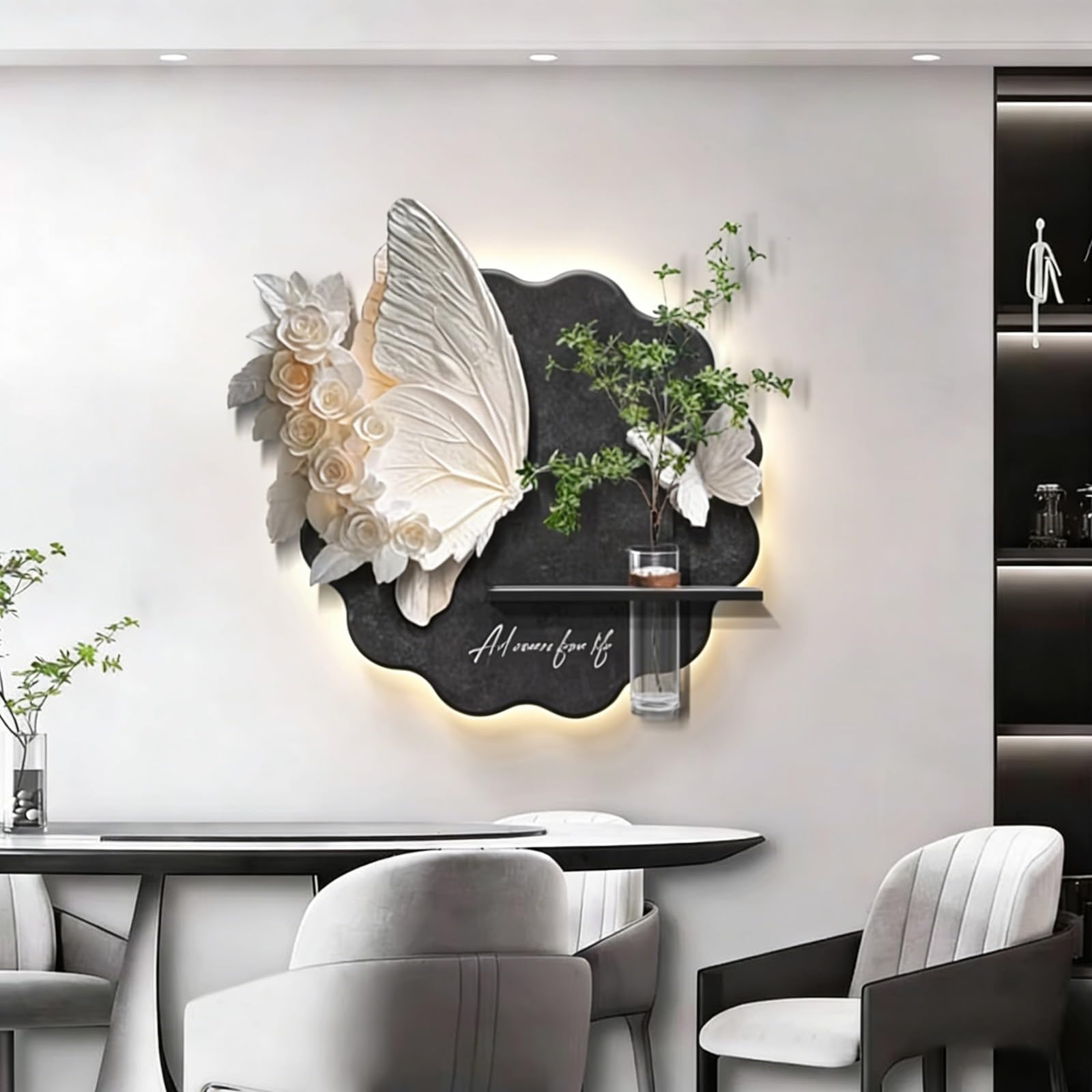 Art mural 3D LED illumine les murs sombres de salle à manger avec son grand vase