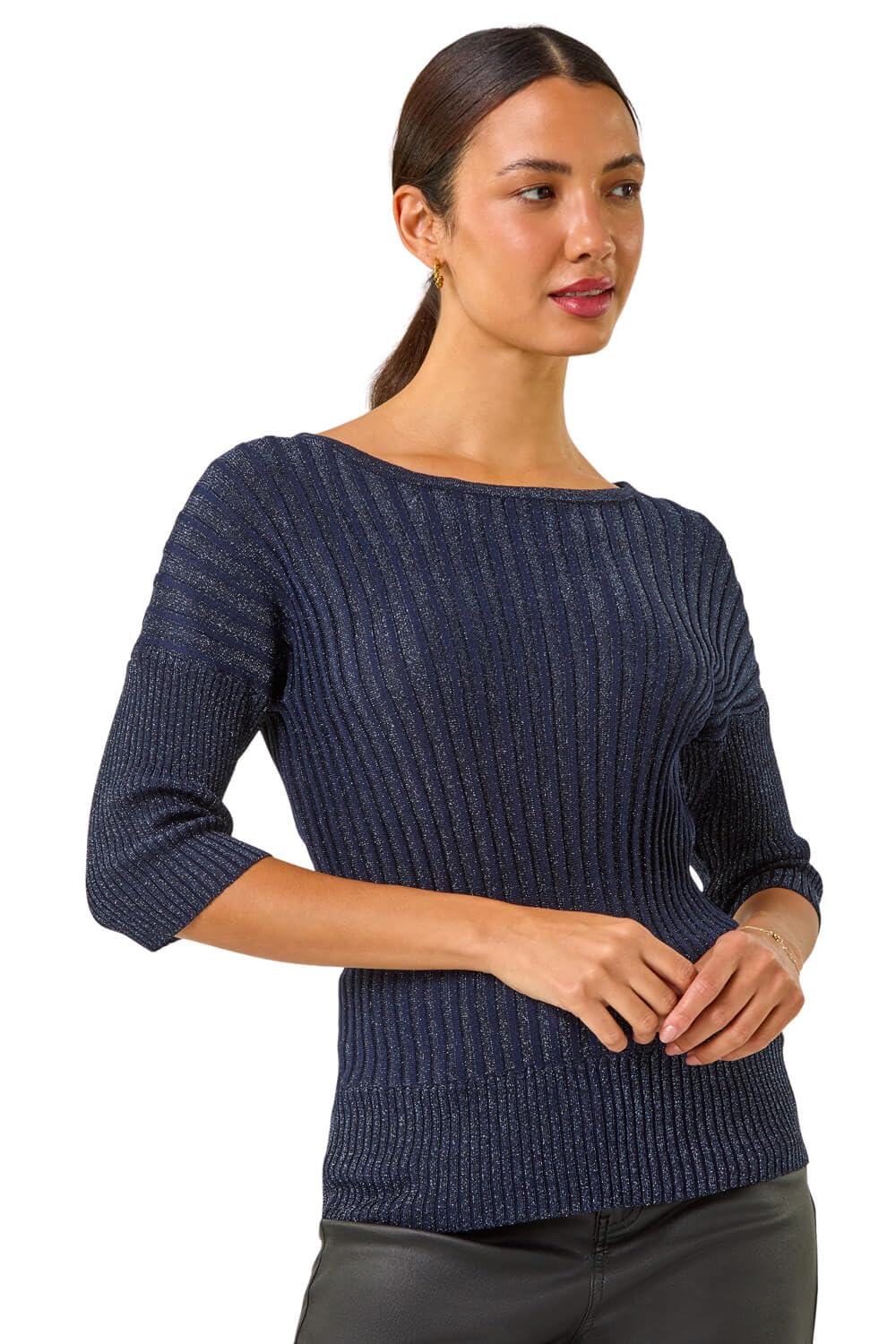 Roman Women's Sparkly Ribbed Batwing Knit Jumper in Midnight | Size: 14