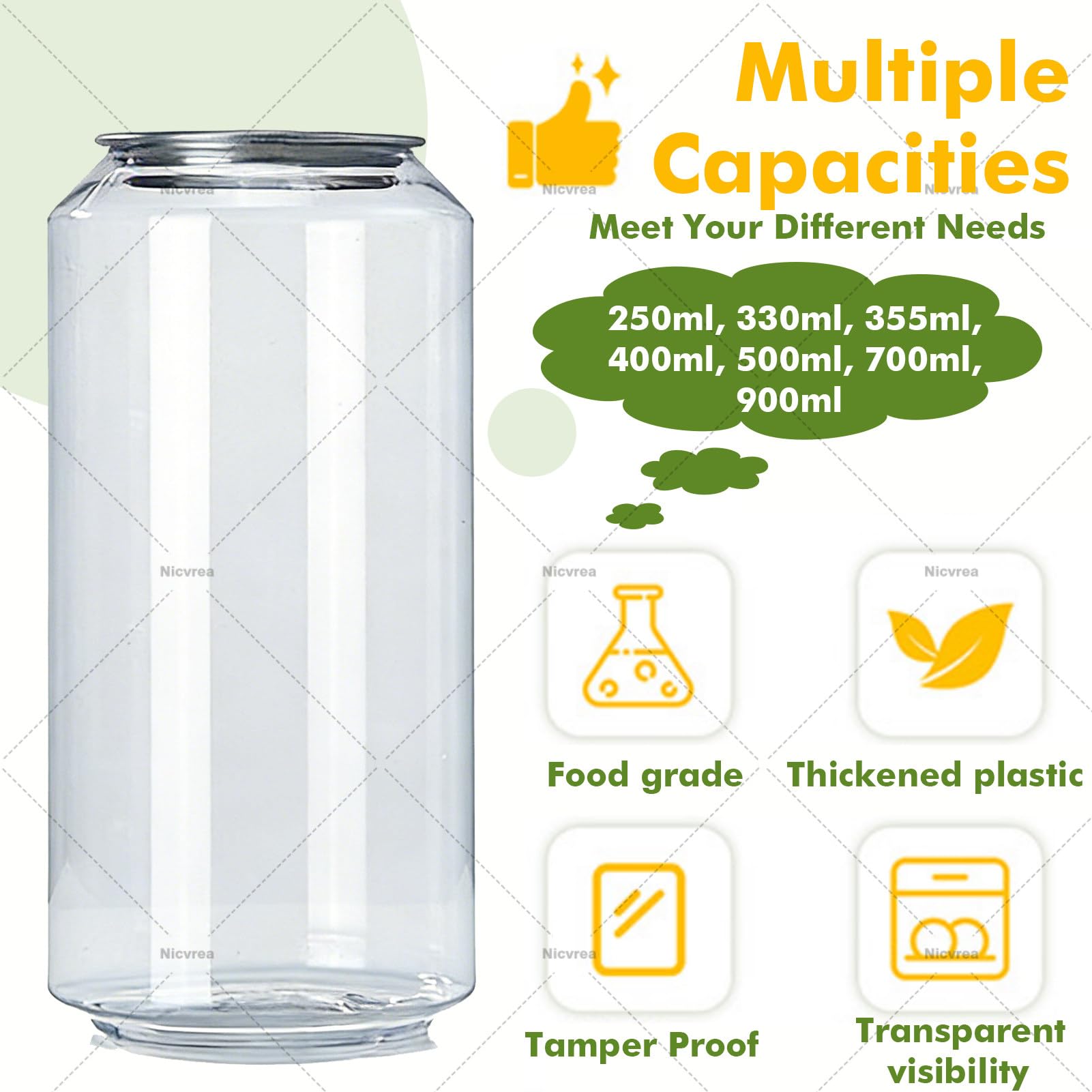 Jednorazowe plastikowe kubki do zamykania puszek, szczelne, zamykane butelki na sok PET do smoothies i mrożonej kawy, kompatybilne z maszynami do zamykania puszek, 400 ml