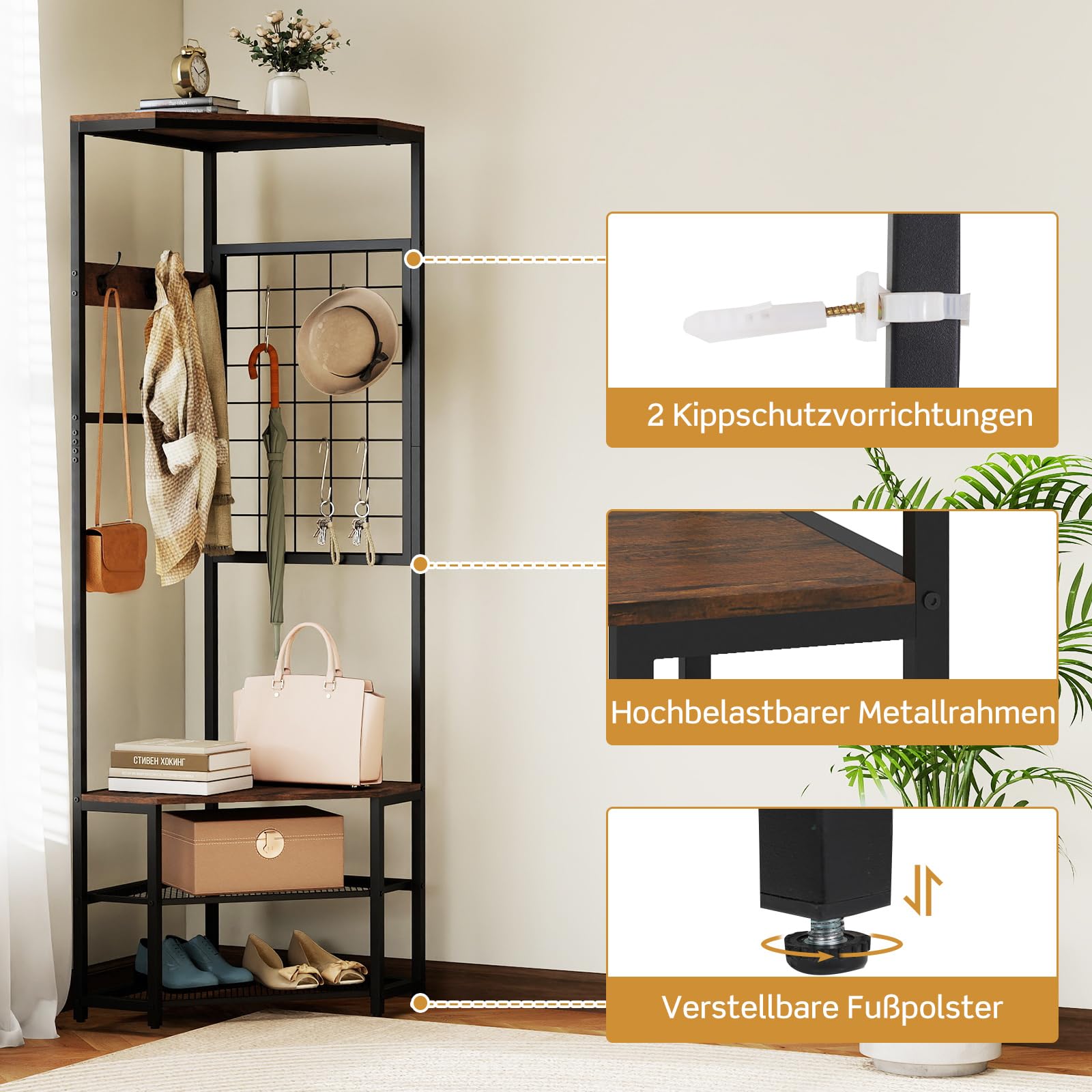 COSTWAY 3 in 1 Eckgarderobe Metall, platzsparende Garderobenständer mit 4 Haken, 2 Schuhregalen & Anti-Kipp-Set, freistehende Kleiderständer für Flur & Schlafzimmer, 49 x 49 x 171 cm