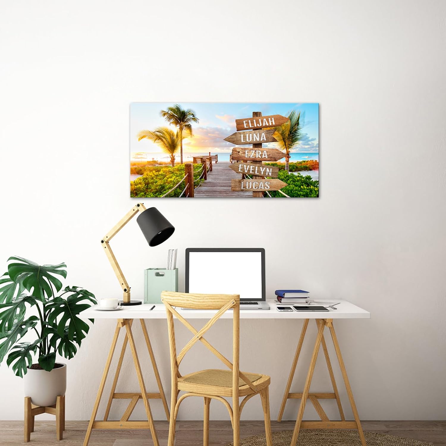 iLOOKLiKE Personalized Street Sign with Name Canvas Wall Art for Family Home Decor Custom Multi Names Tropical Beach Picture Print Coastal Palm Tree Sunset Painting Gifts from Kids Daughter Son