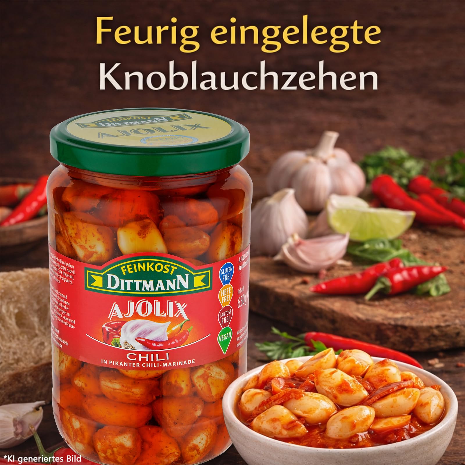 Feinkost Dittmann Ajolix Chili Knoblauch 650g 3er Pack – Antipasti | pikant eingelegte Knoblauchzehen in Chili-Pflanzenöl – verzehrfertig für Salate & mediterrane Küche