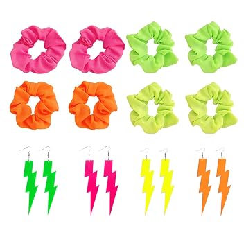 Neon Scrunchies for Hair,Neon Hair Accessories Soft Hair Scrunchy Solid Colors Elastic Hair Bands 80s Hair Accessories Neon Hair Ties Ponytail Holder for 80s Party Accessories Women 8pcs+earring