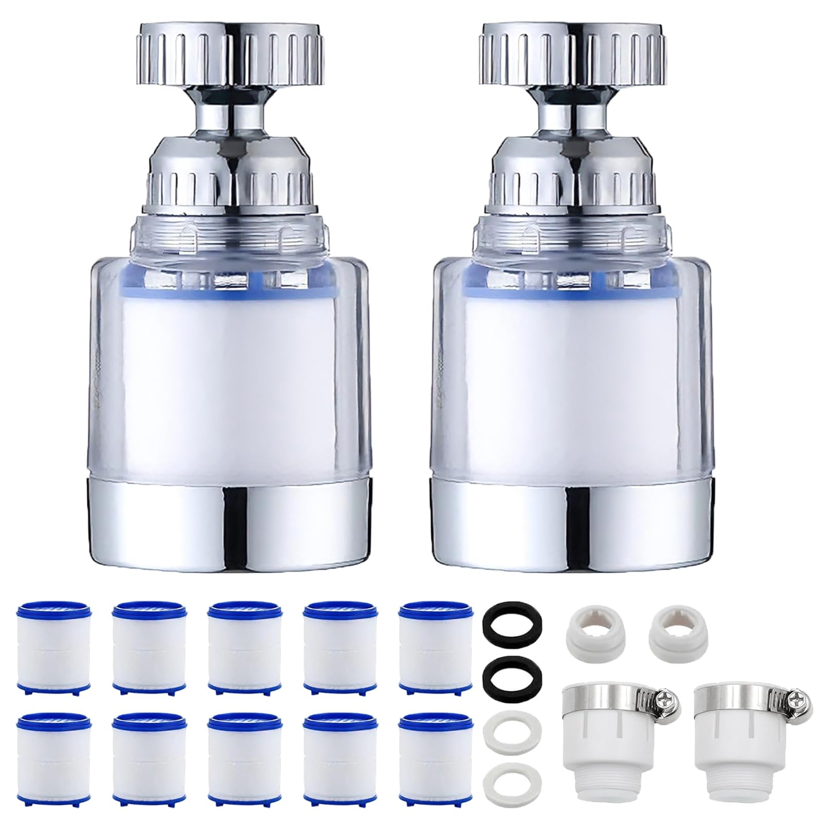 KHDULQ 2 Pcs Faucet Water Filters with 10 Filter Cartridges 360 Degree Rotating Sink Tap Water Filter and universal adapter,Carbon Water Filtration for kitchens, sinks and home bathrooms