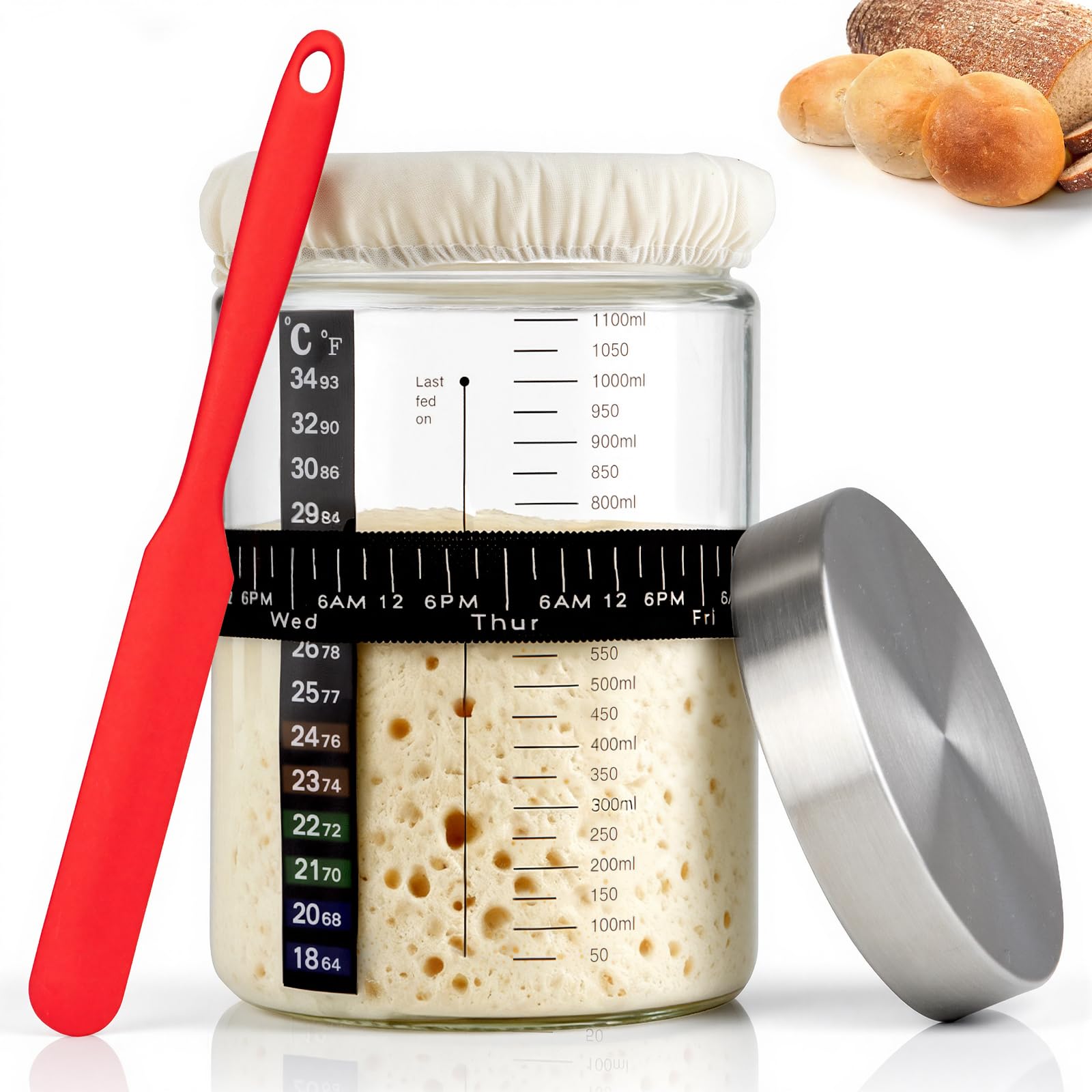 PITCH + PULSE Starter Kit per Pasta Madre, 1200ml Vetro Fermentato con Termometro, Nastro Alimentazione Data, Spatola, Contenitore per la Cottura del Pane a Lievito Naturale