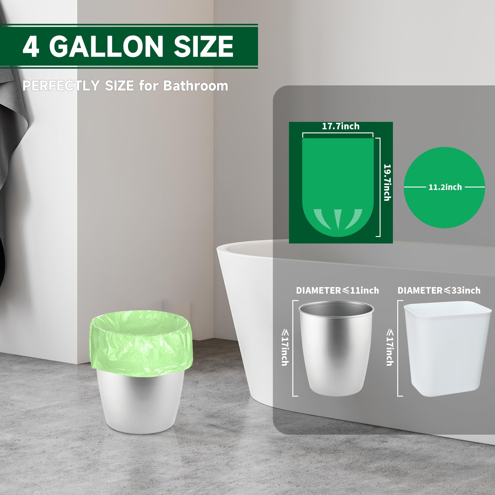 Bolsas de basura pequeñas biodegradables de 4 galones, bolsas de basura sin perfume, bolsas de basura pequeñas fáciles de rasgar para baño, dormitorio, oficina, cocina, 105 unidades, color