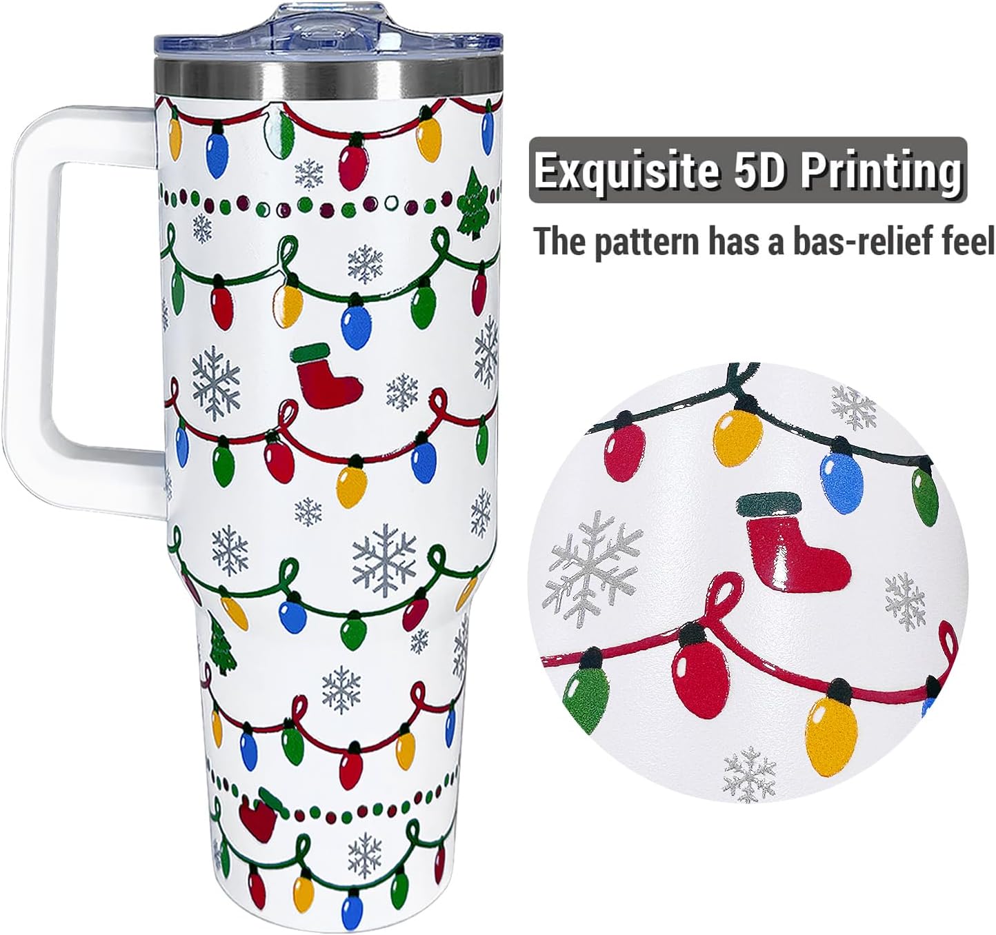 40 oz Christmas Tumbler With Handle Lid and Straw,5D Xmas Lights Snowflakes Print Stainless Steel Insulated Travel Mug Christmas Coffee Cup Gifts for Men Women - Image 4