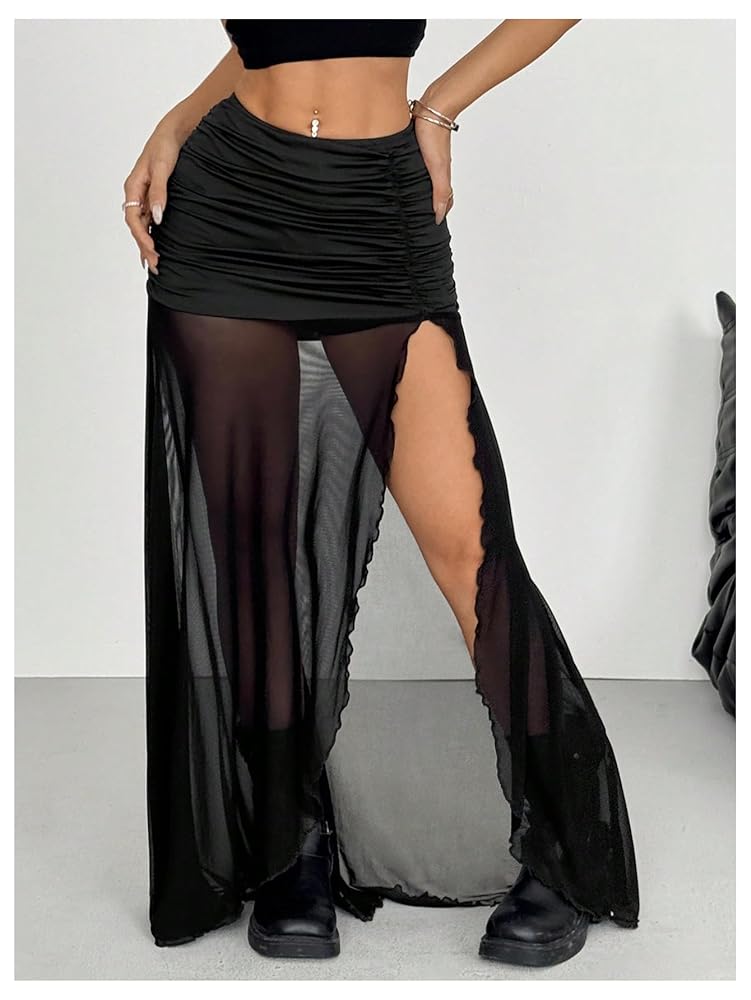 Amazon.com: Verdusa Women's Mesh Sheer Thigh Split Ruched