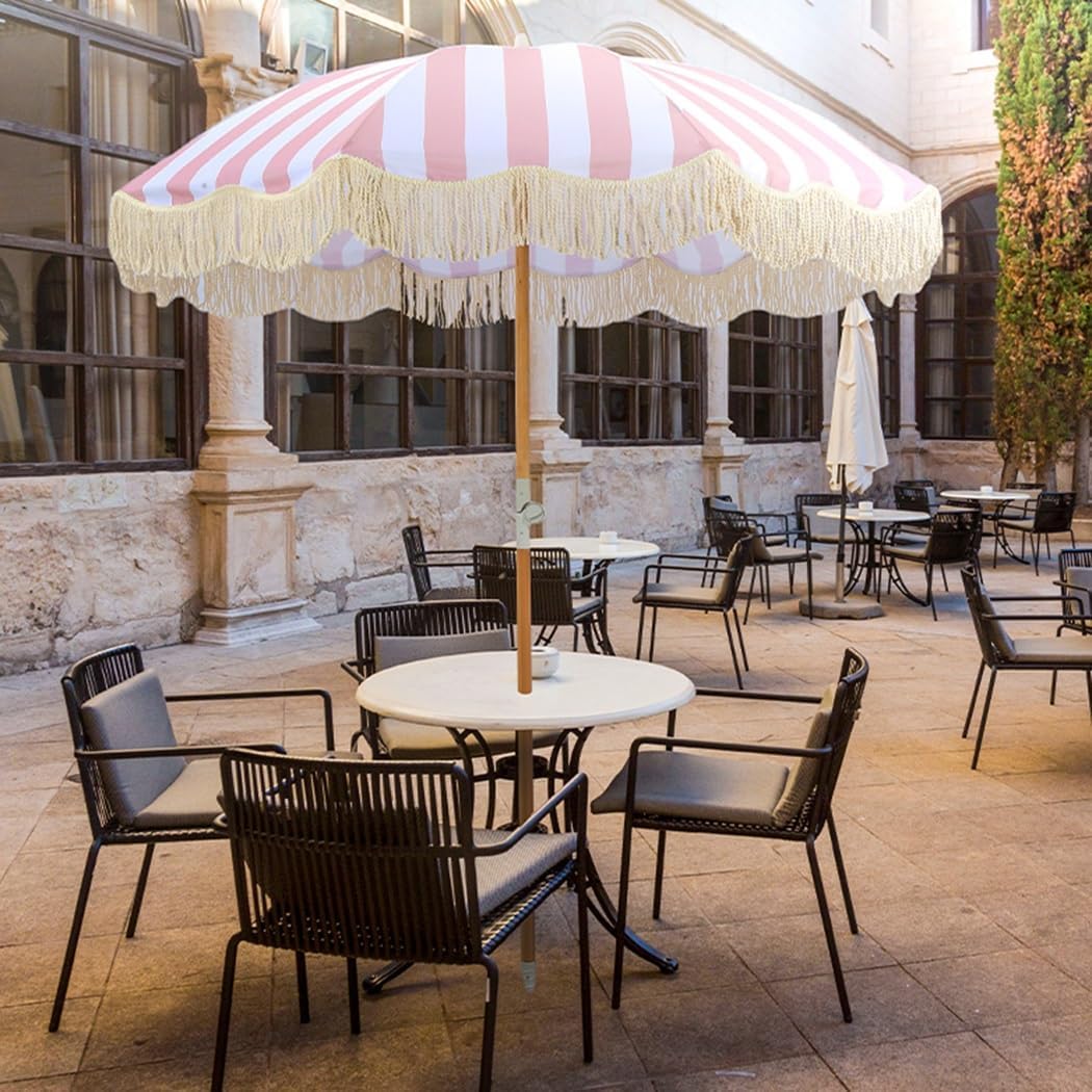 6.5FT Fringe Patio Parasol 8 Ribs Outdoor Beach Tassel Umbrella With Tilt & Carry Bag Yard Picnic Garden Lawn Deck Wedding Pool Party