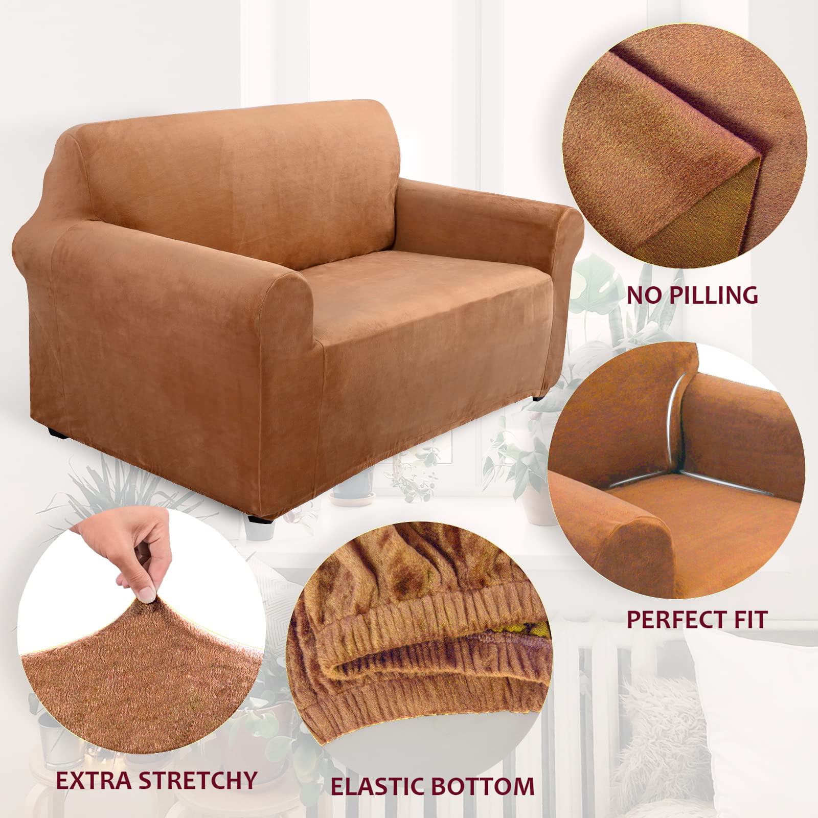U-NICE HOME Velvet Sofa Covers Couch Cover for 2 Cushion Couch Sofa Stretch Couch Cover Furniture Protector Sofa Slipcovers Couch Cover for Dogs (Medium, Camel)