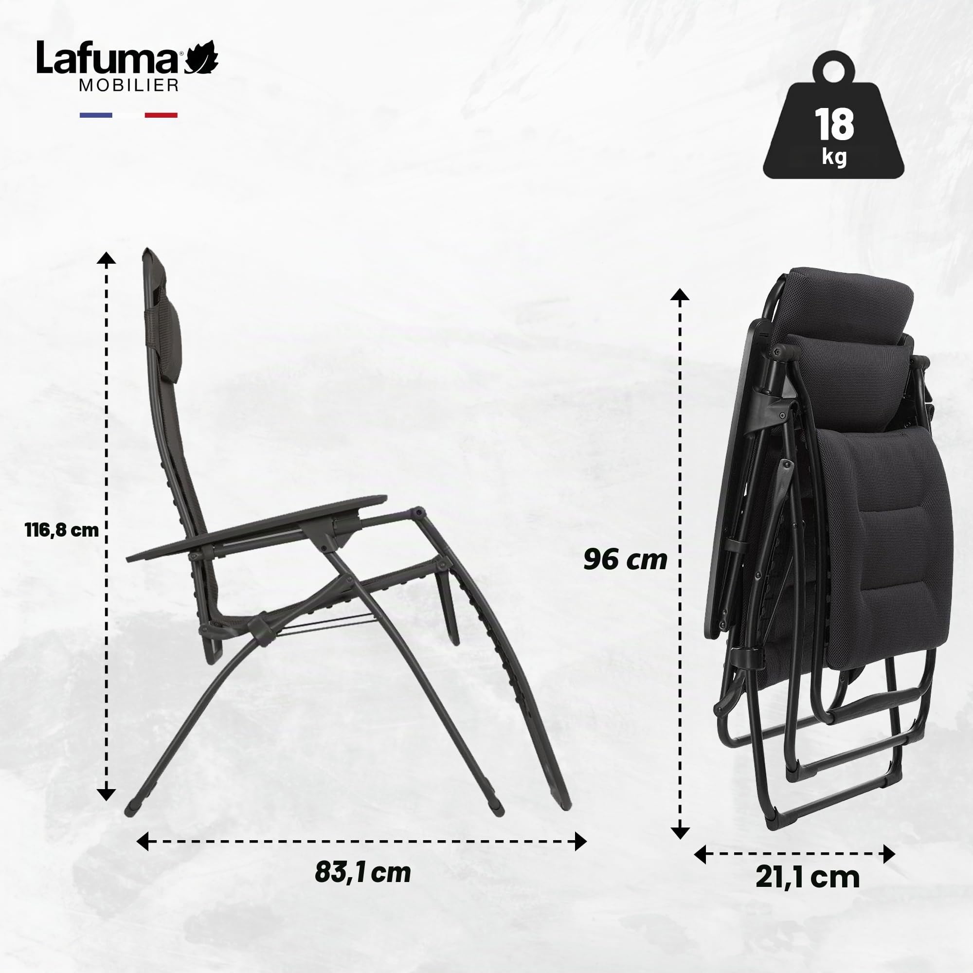 Lafuma MOBILIER - Fauteuil Matelassé Relax Zéro Gravité Futura - Chaise Longue Pliante Jardin et Intérieur - Toile AirComfort® Résistante - Transat Multiposition, Tout Confort, Fabriqué en France
