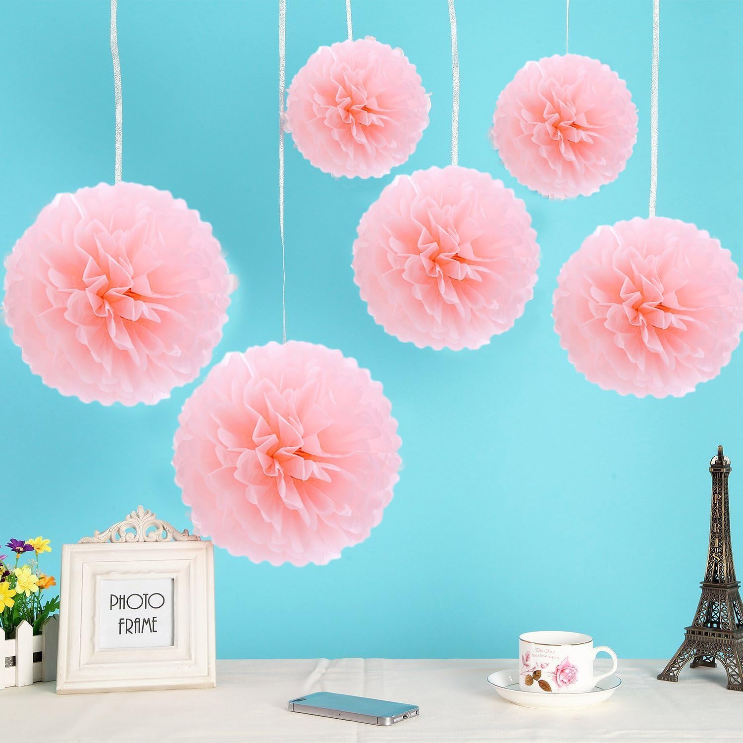HKBAYI 10pcs/lot 4" 10cm 8" 20cm 10" 25cm 12" 30cm 16" 40cm Hanging Tissue Paper pom pom Flowers Round Fluffy Balls for Birthday Baby Shower Wedding Home Party Decorations Supplies (16 inch, Pink)