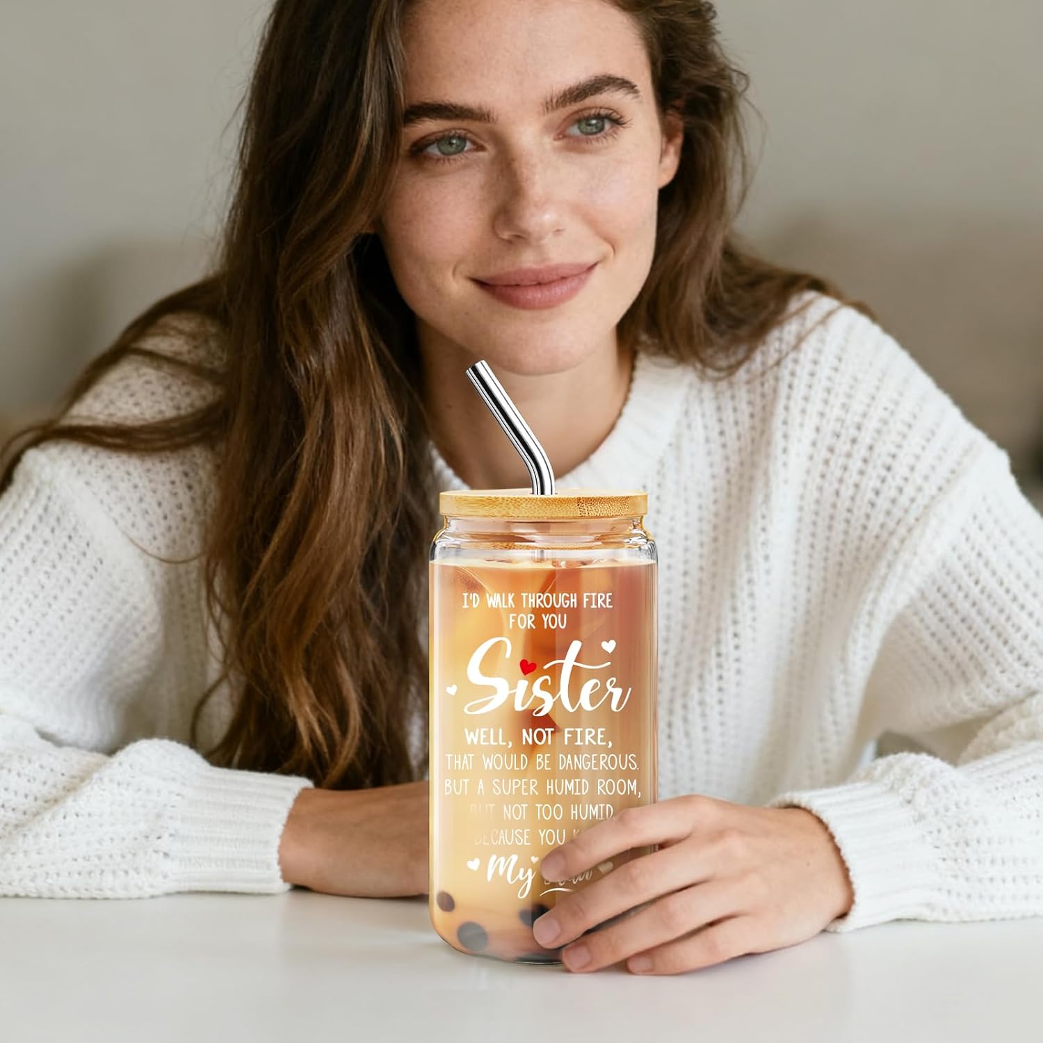 Funny Glass Cup Gifts for Sister - I'd Walk Through Fire for You, 16 Oz Coffee Cup with Lid & Straw, Gifts for Women, Birthday, Christmas, Graduation Gift for Best Friend, Sisters, Sibling -m25 - Image 5