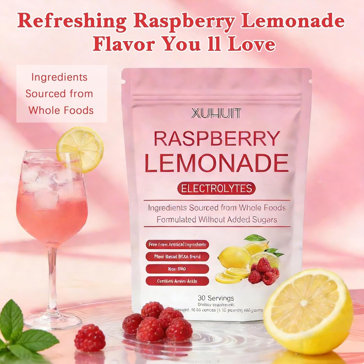 Raspberry Lemonade Electrolyte Drink Mix Powder with Coconut Water & Essential Minerals, Monk Fruit & Stevia Sweetened, No Artificial Flavors or Sweeteners,30 Servings - Image 2
