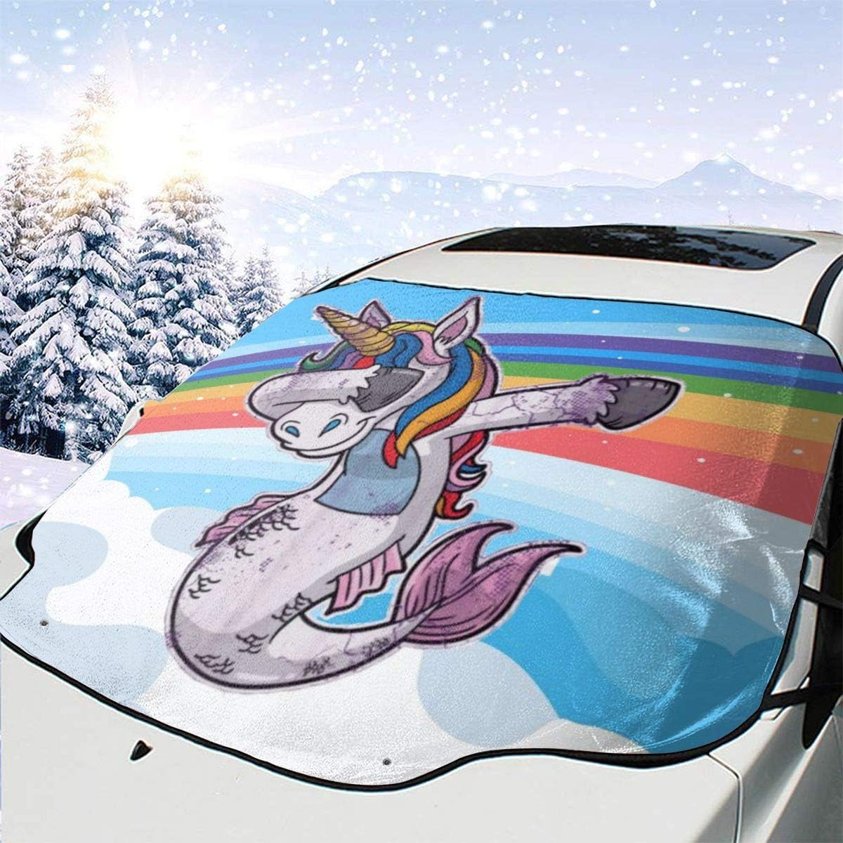 HFSST Dabbing Unicorn Mermaid Cool Funny Rainbow Sky Themed Pattern Front Windows Cover Windshield Sun Shade Car Decor Sunshade Accessories Auto Outdoor Exterior Ornament Visor Kit for Women Men