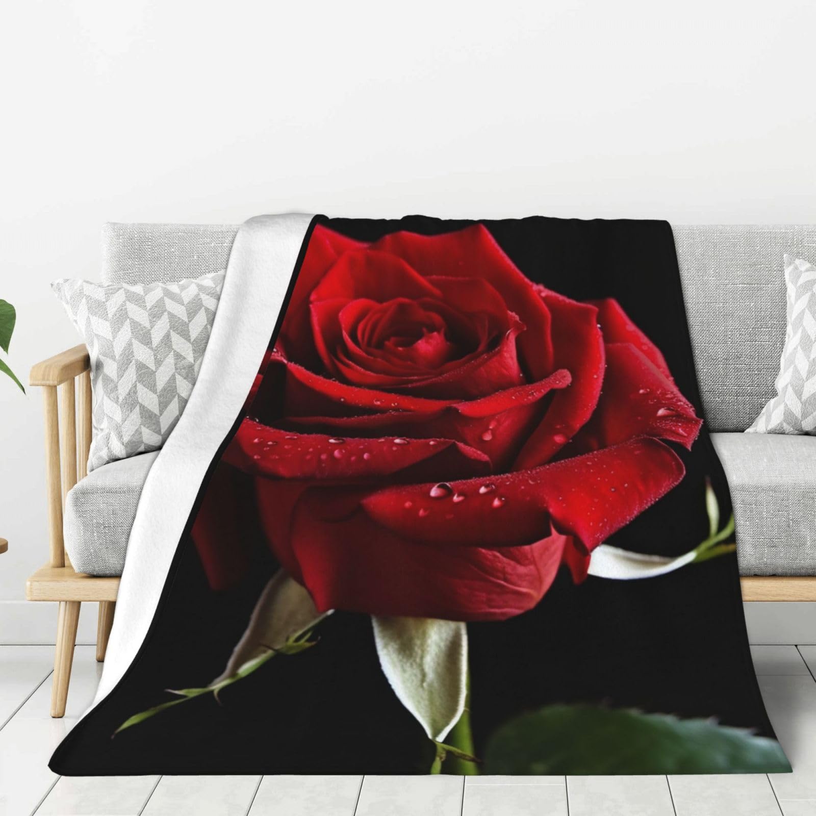 Red Rose Black Background Throw Blanket Plush Flannel Fleece Blanket, Soft Lightweight Cozy Blankets 50"X40" for Bed Couch Sofa Travel