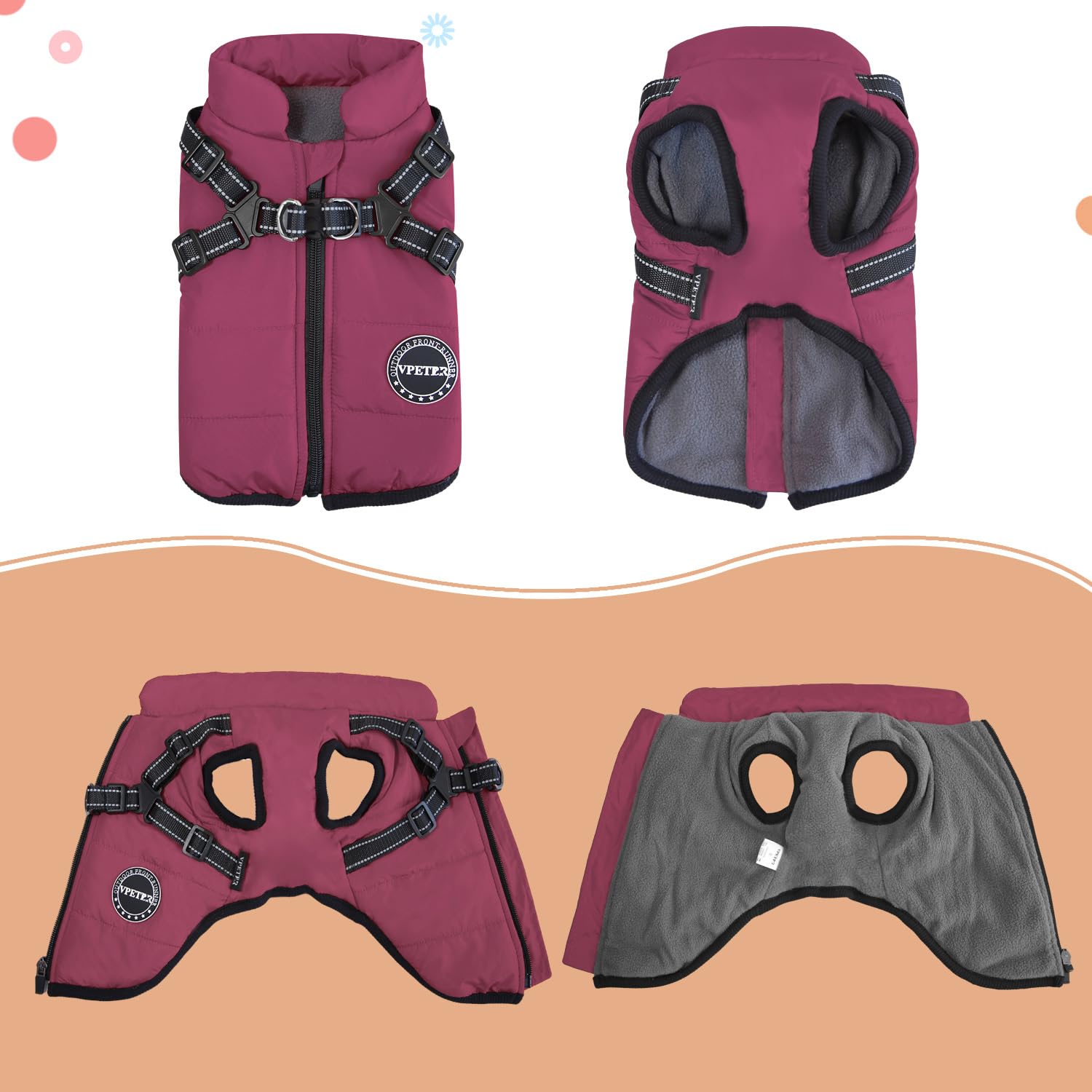 Cappotto invernale per cani, caldo cappotto per cani in pile imbottito con imbracatura integrata, impermeabile, antivento, riflettente, accogliente, regolabile, con cerniera, per cani di