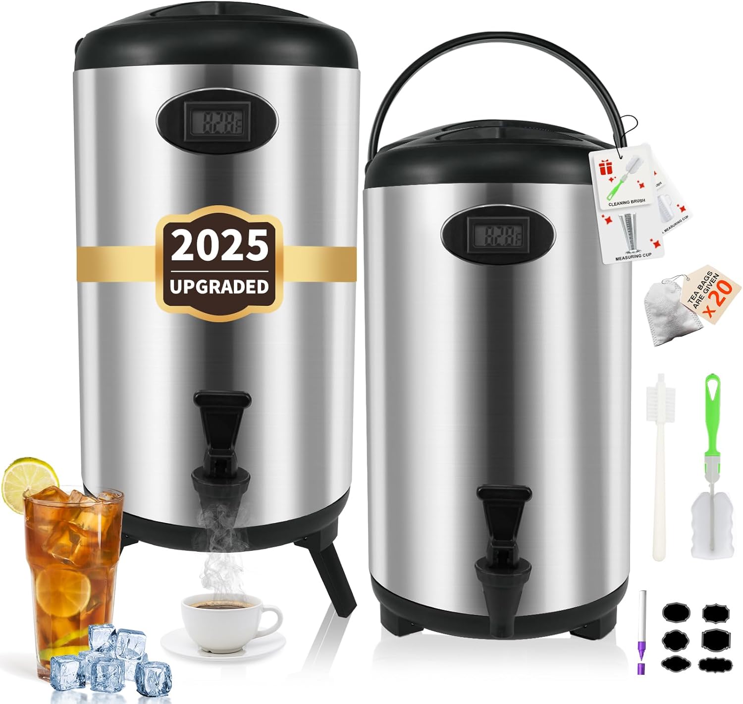 Insulated Beverage Dispenser 2 Gallon, Stainless Steel Hot Drink Dispenser with Stand, Thermal Hot Water Dispenser for Parties, Hot Water Urn for Coffee Chocolate Tea, Silver, 2 Pack,N1