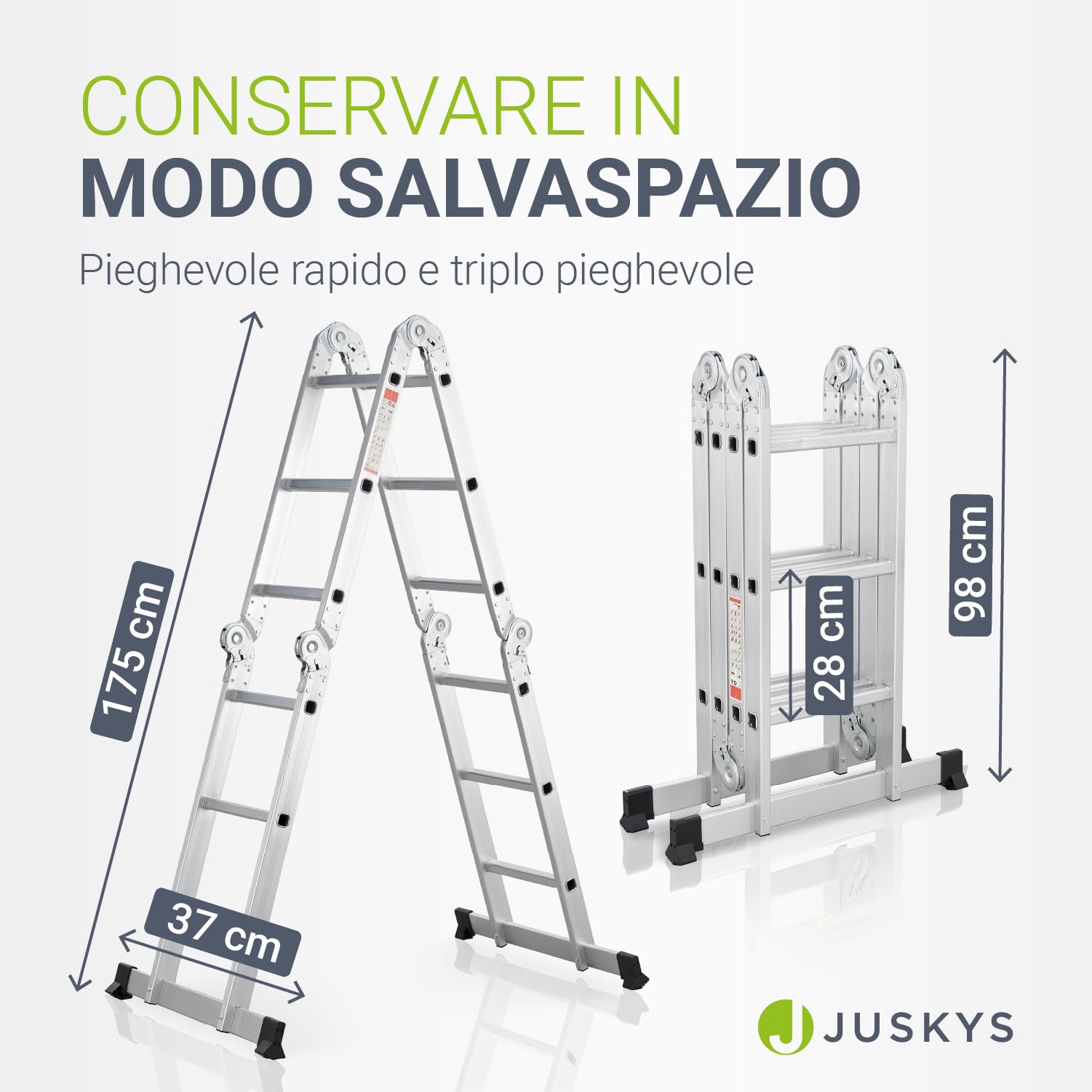 Scala multifunzionale pieghevole in alluminio Juskys 3x4 gradini, 3,6 m, portata fino a 150 kg – snodabile in 4 pezzi