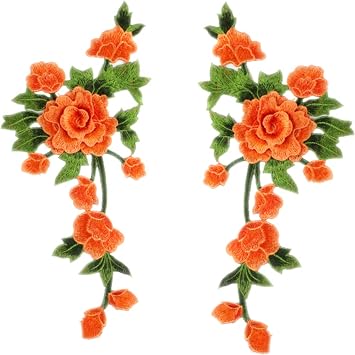 2 Pcs Peony Flowers Embroidery Patches Applique DIY, Orange | Fabric Sew On, Embroidered Appliques, Costume Dress Clothing Accessories